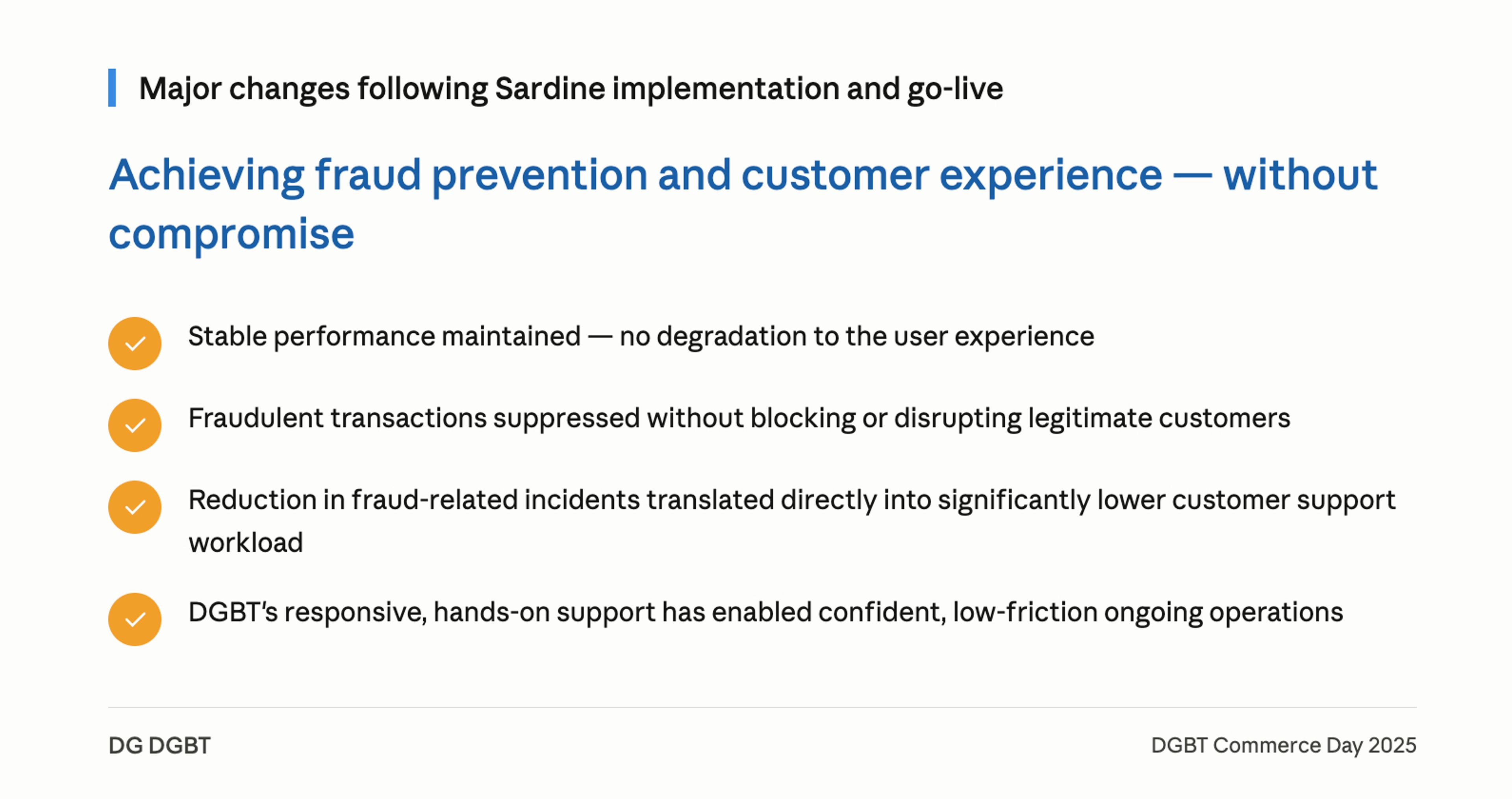 Slide: "Achieving fraud prevention and customer experience — without compromise" and four benefits of Sardine implementation.