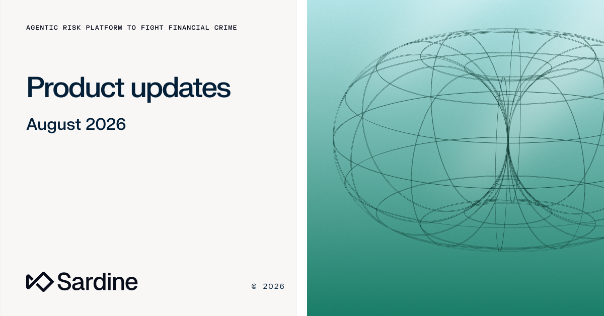 Title slide for Sardine's 'Product updates August 2026,' featuring an abstract wireframe graphic.