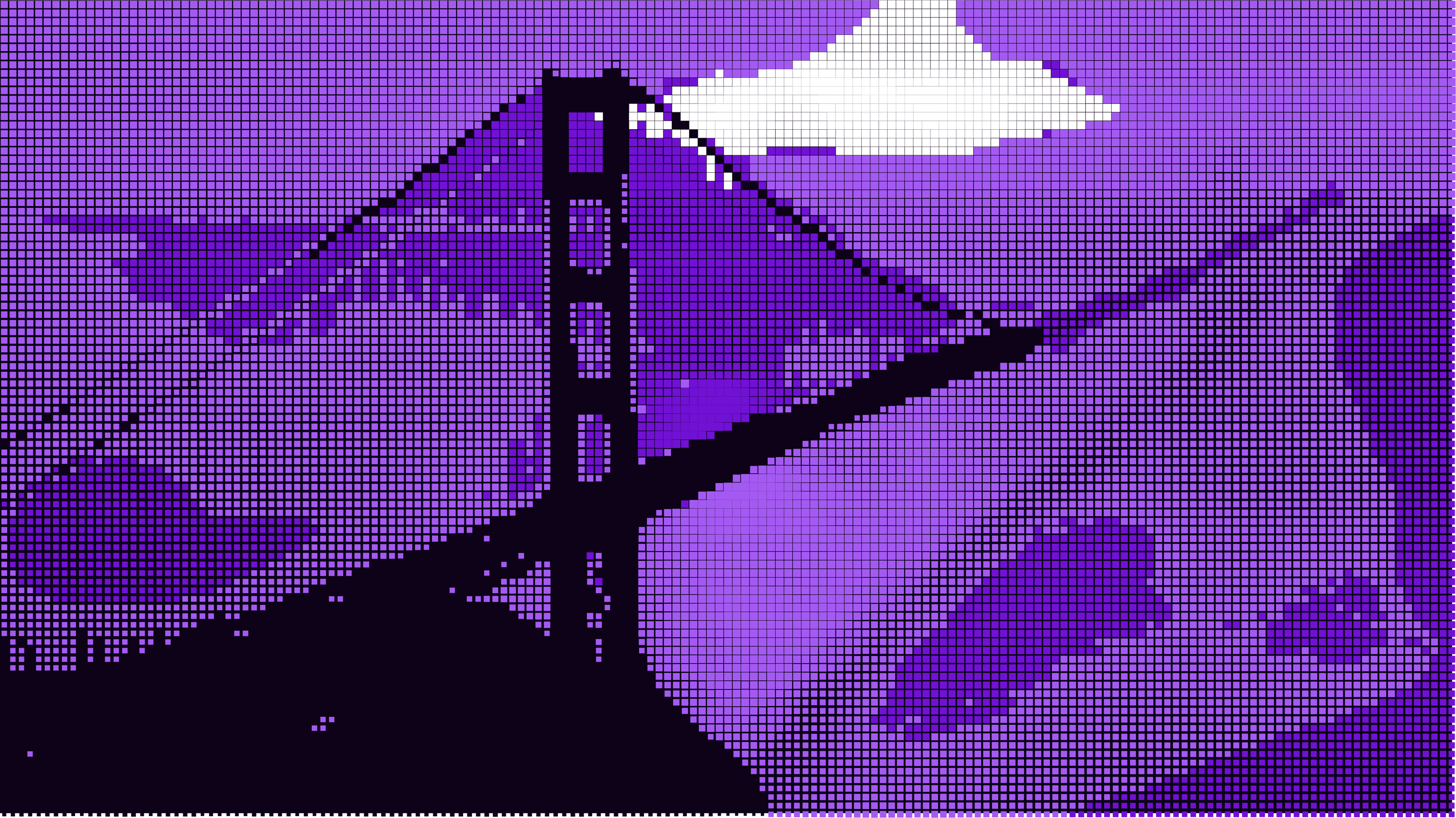 The Golden Gate Bridge spans blue water, viewed from a rocky cliff with a distant city skyline.