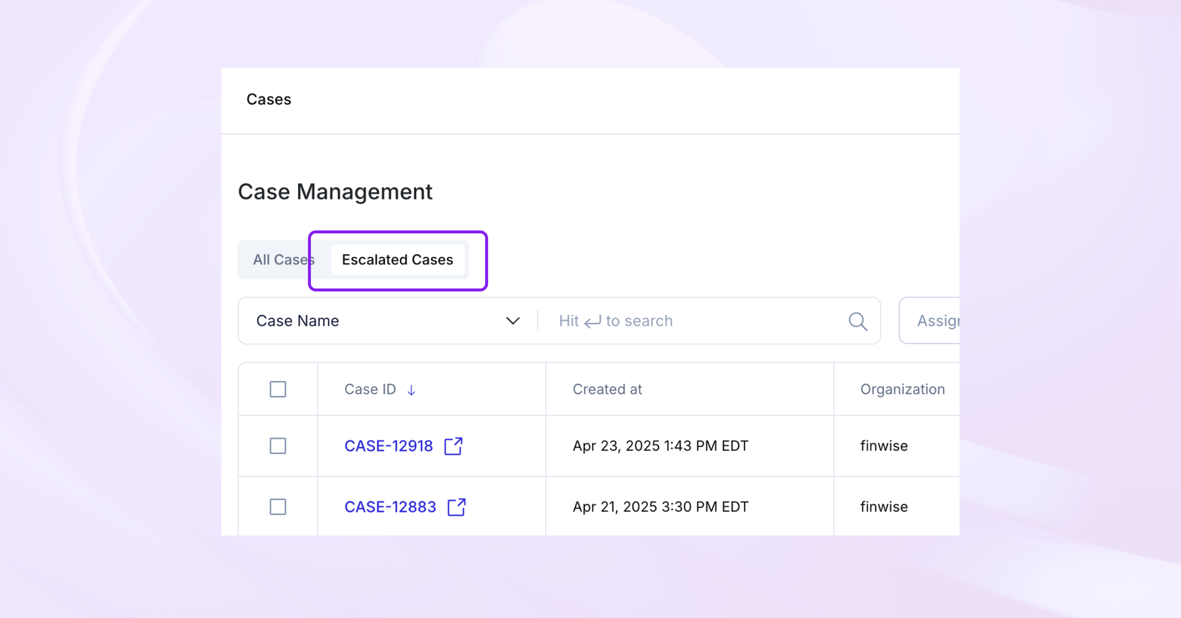 Case management interface with the "Escalated Cases" tab selected, showing a list of two cases.