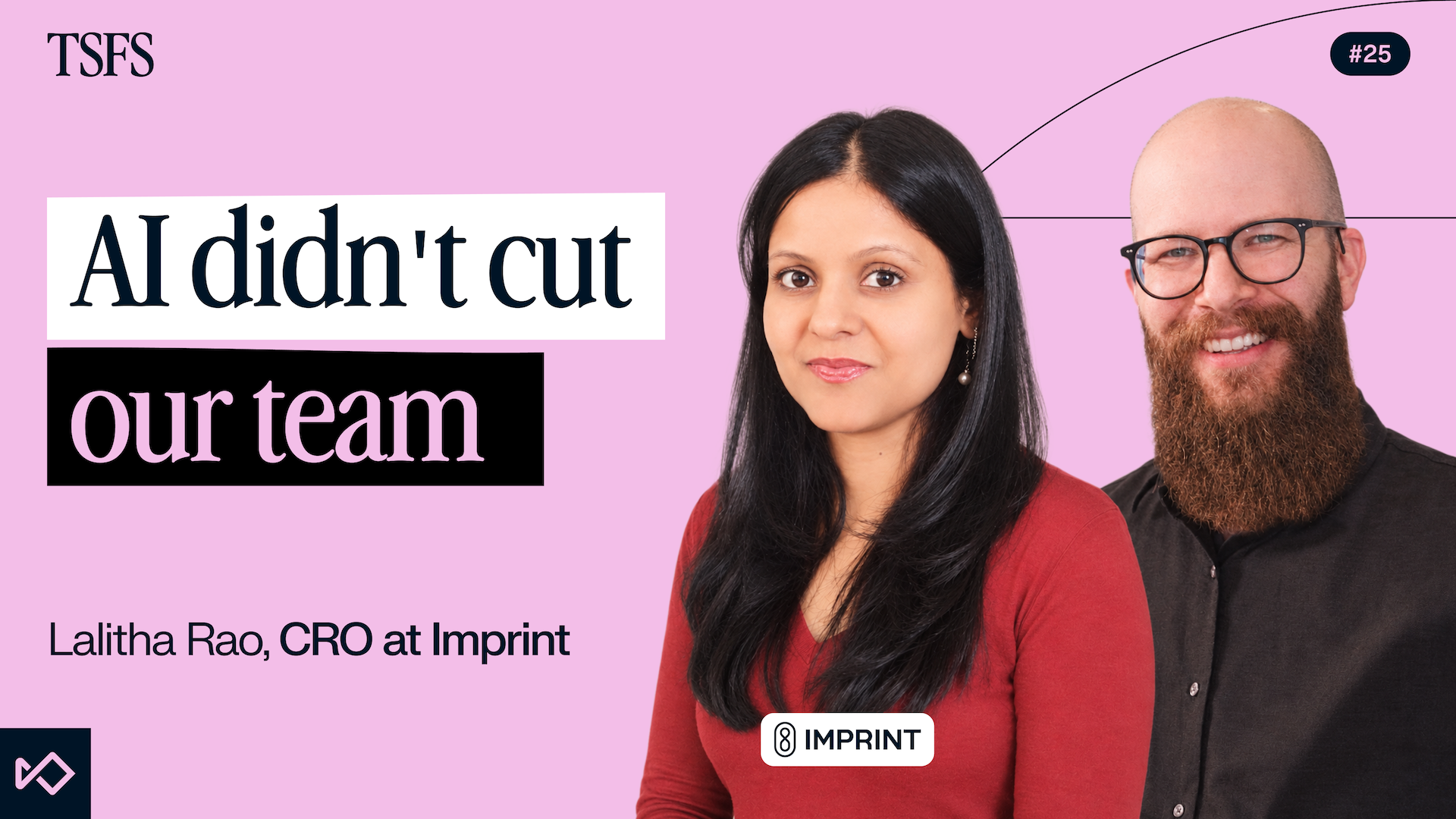 Promotional image with a woman and a smiling bearded man, text reads "AI didn't cut our team" and "Lalitha Rao, CRO at Imprint."