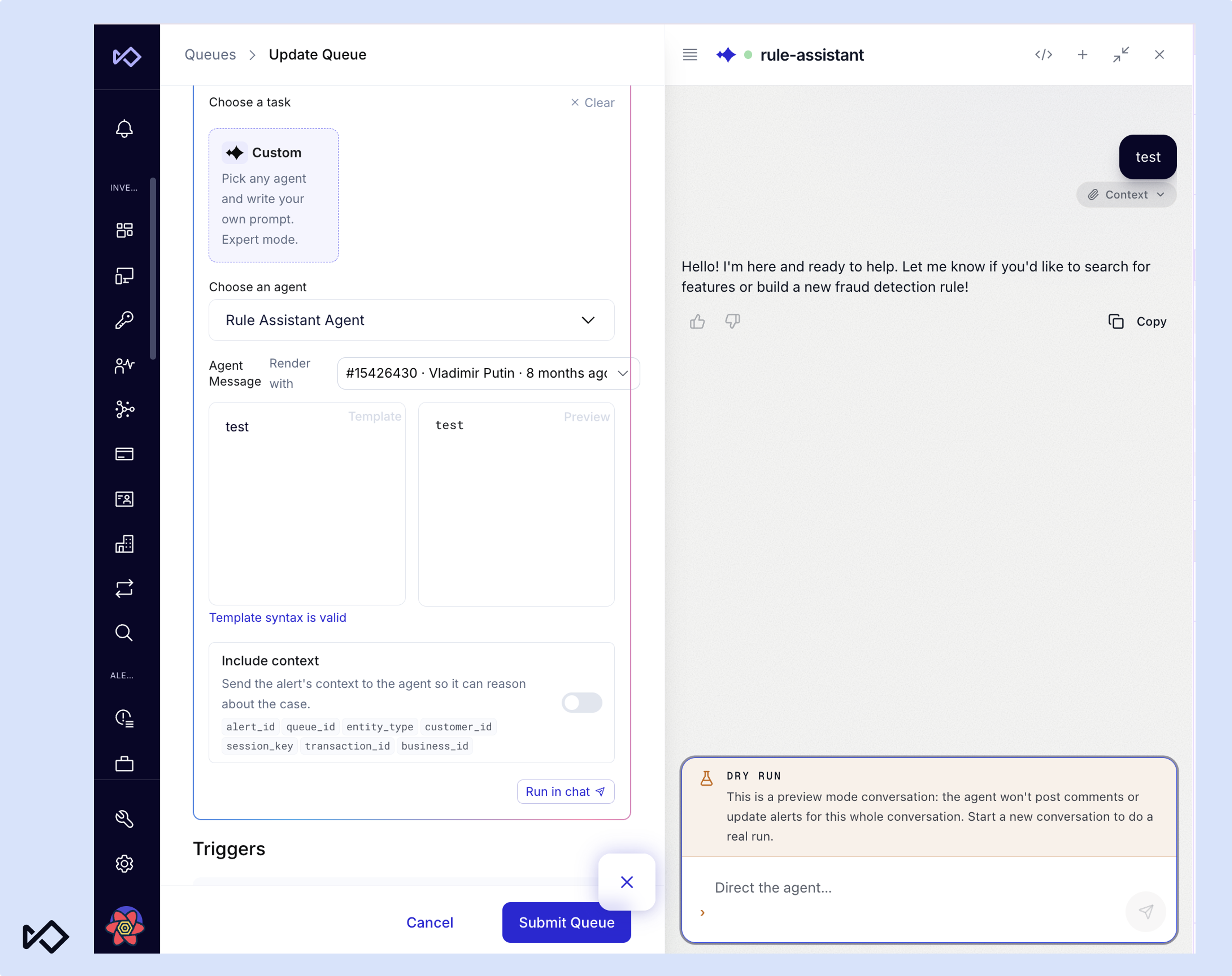 An "Update Queue" UI featuring a "Rule Assistant Agent" configuration and a "rule-assistant" chatbot offering help with fraud detection rules in preview mode.