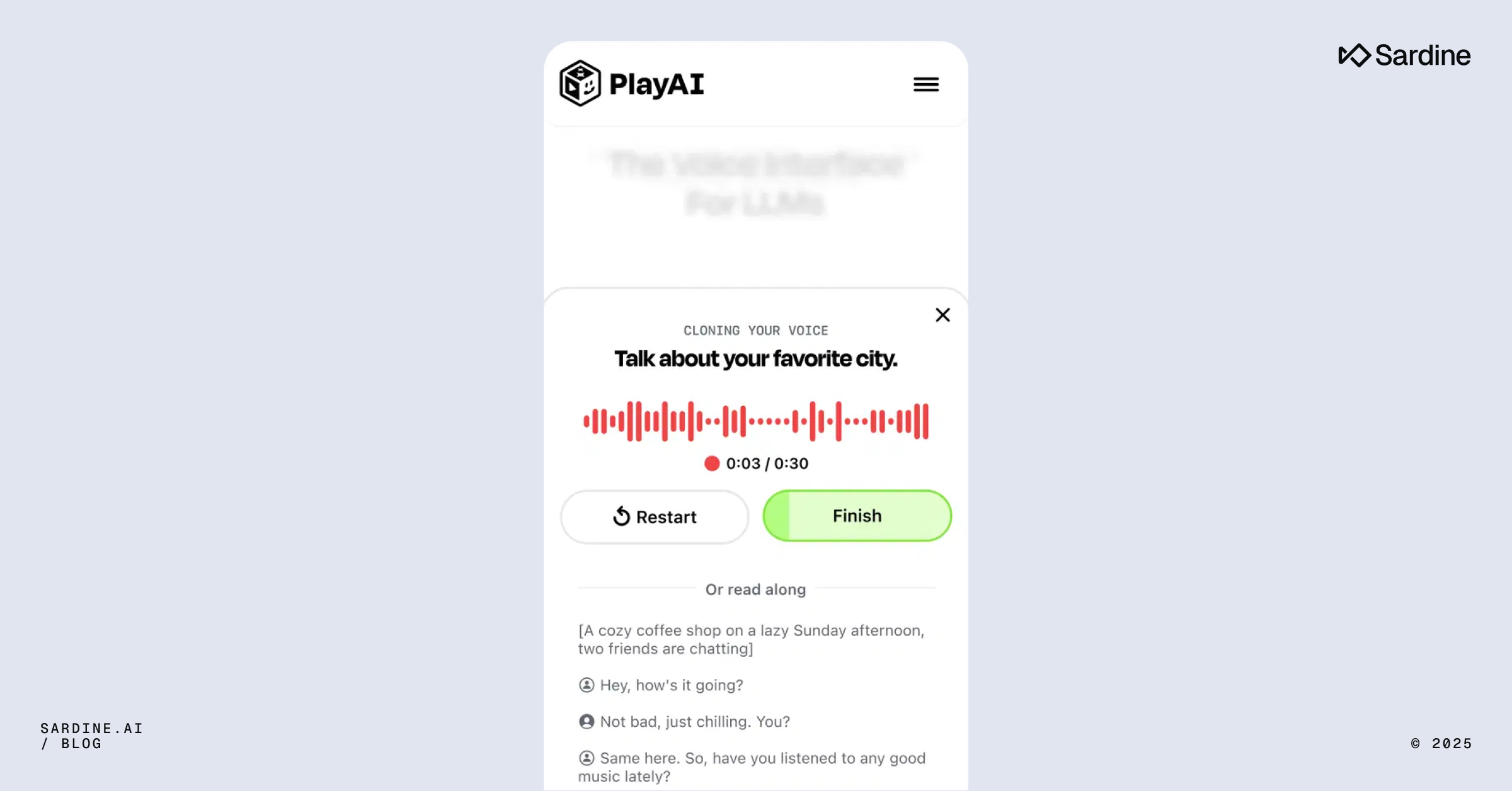 A PlayAI mobile interface for voice cloning, showing a recording prompt "Talk about your favorite city," an audio waveform, and "Restart" and "Finish" buttons.