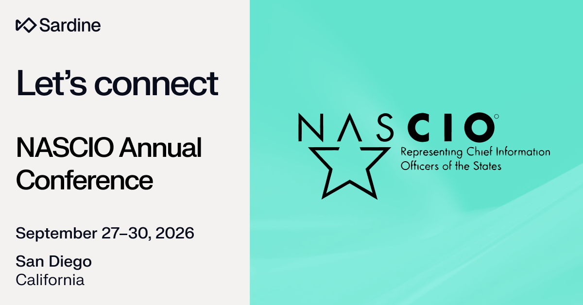NASCIO Annual Conference details: September 27-30, 2026, San Diego, California. Features the Sardine logo, "Let's connect," and the NASCIO logo with its full title: "Representing Chief Information Officers of the States."
