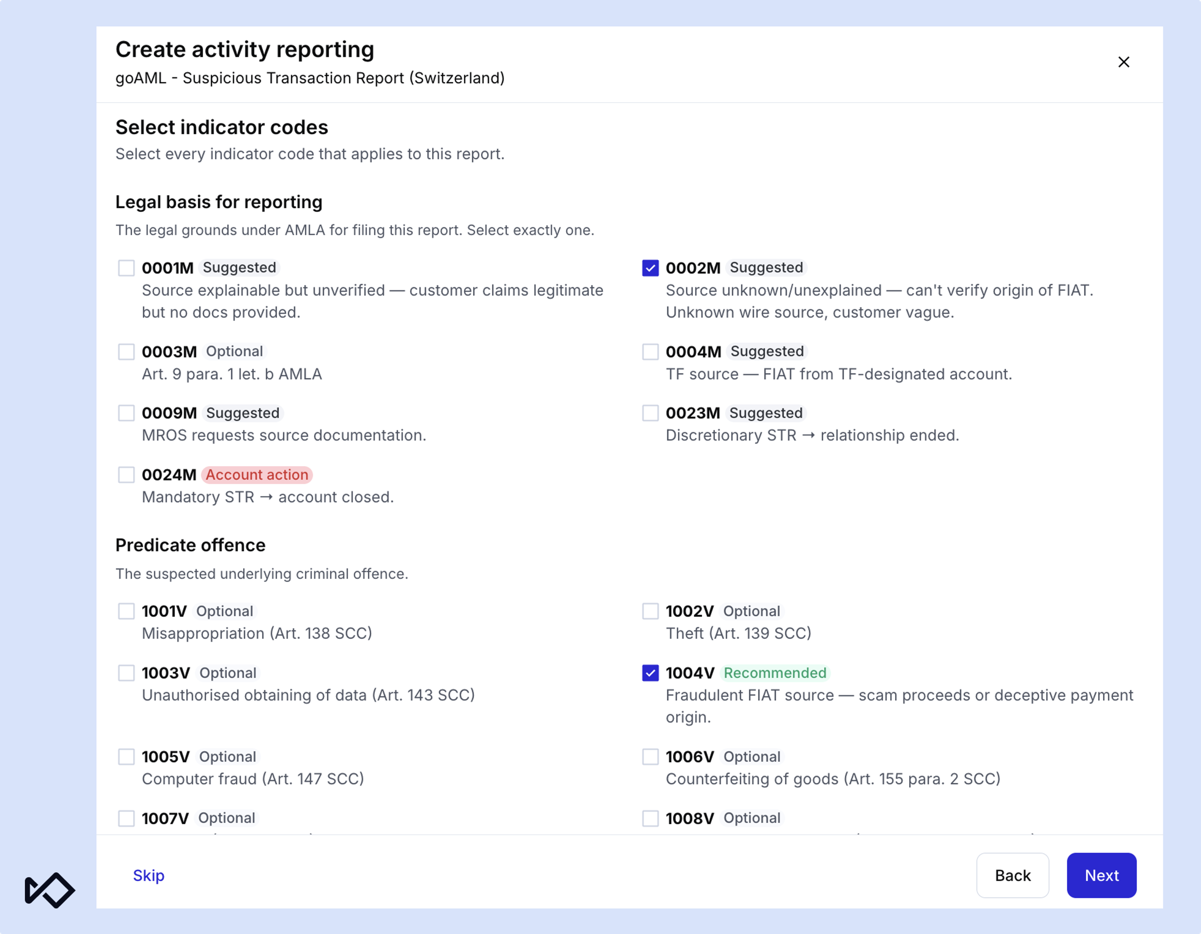 goAML 'Create activity reporting' form for suspicious transactions in Switzerland, with selected options for indicator codes, legal basis, and predicate offences.