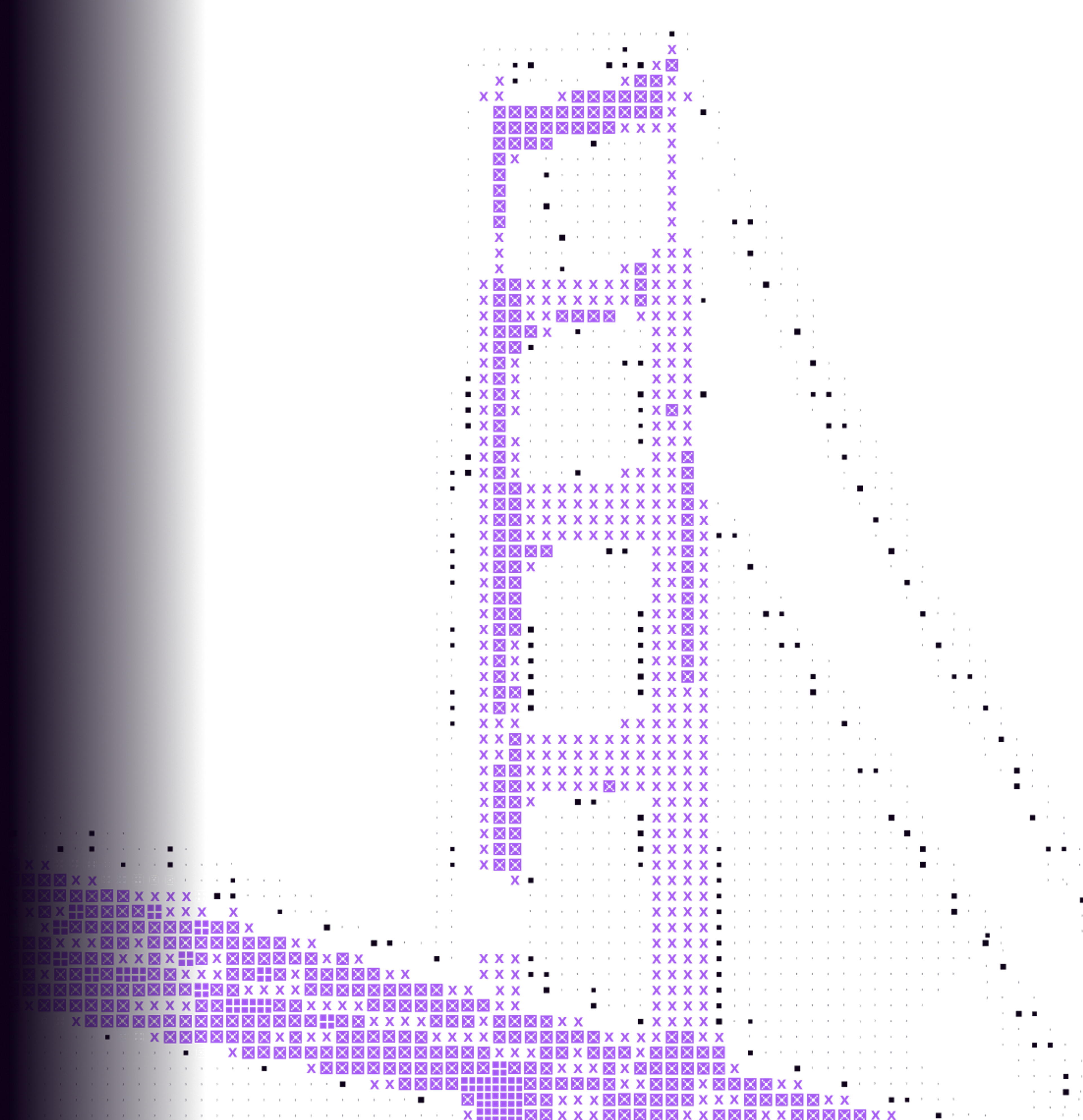 Golden Gate Bridge rendered with purple squares and X's on a white background with a dark gradient on the left.