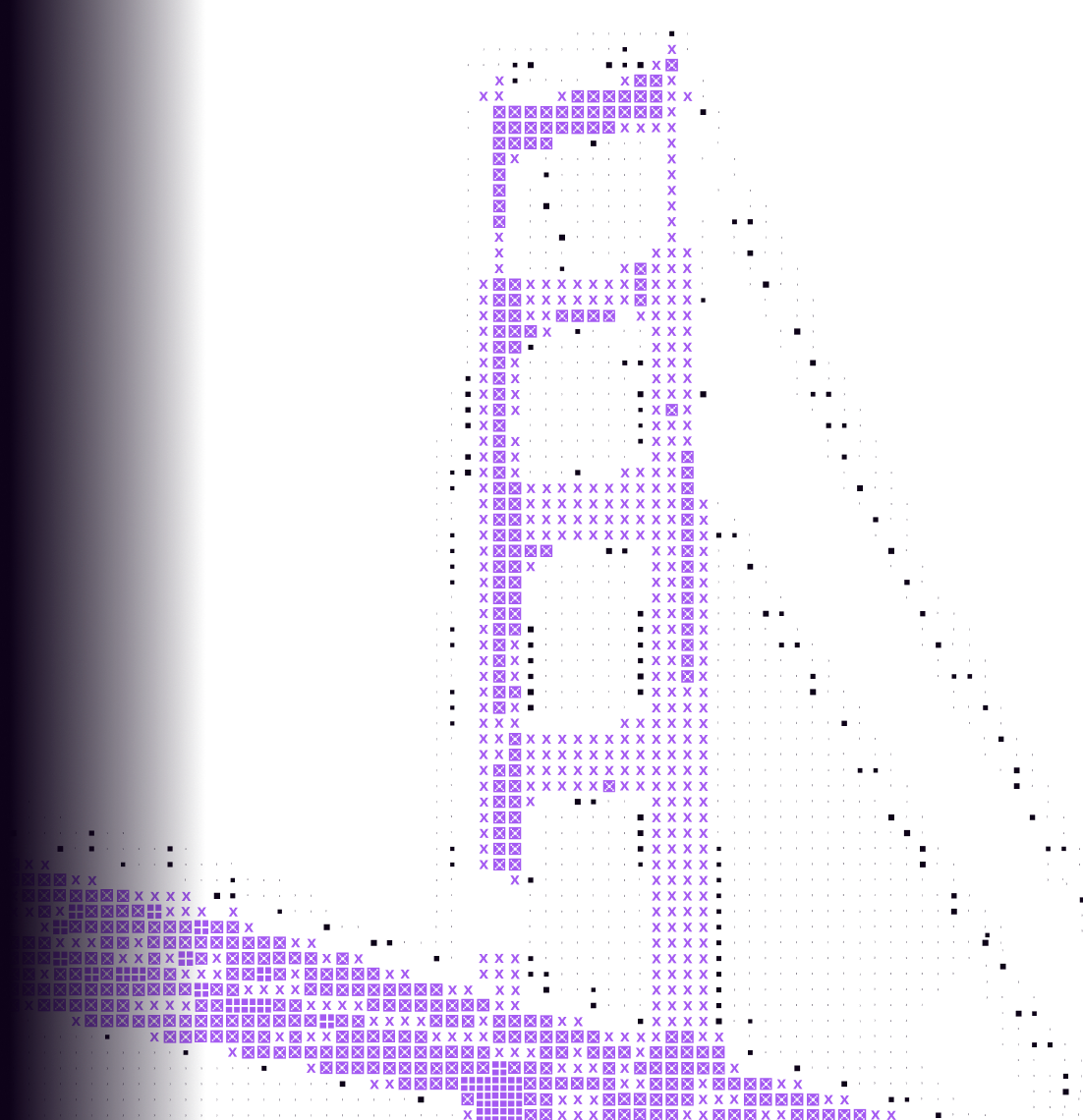 Golden Gate Bridge rendered with purple squares and X's on a white background with a dark gradient on the left.