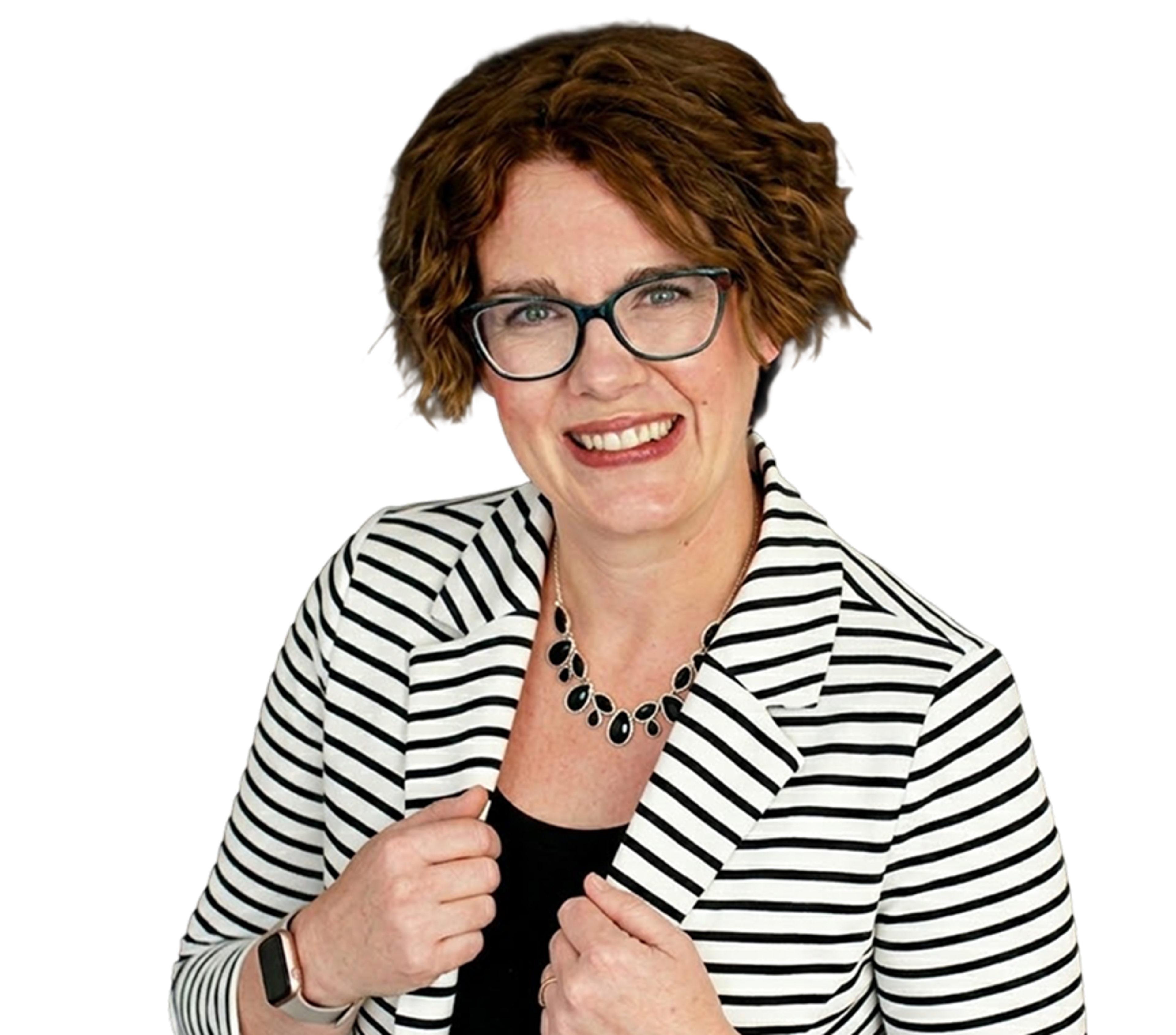 Smiling woman with short brown hair, glasses, and a black and white striped blazer.