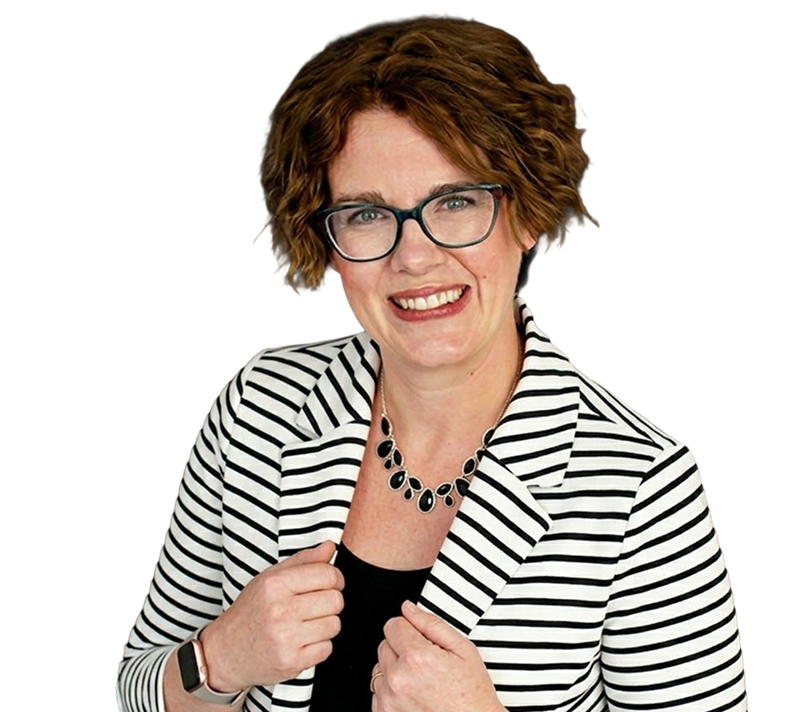 Smiling woman with short brown hair, glasses, and a black and white striped blazer.