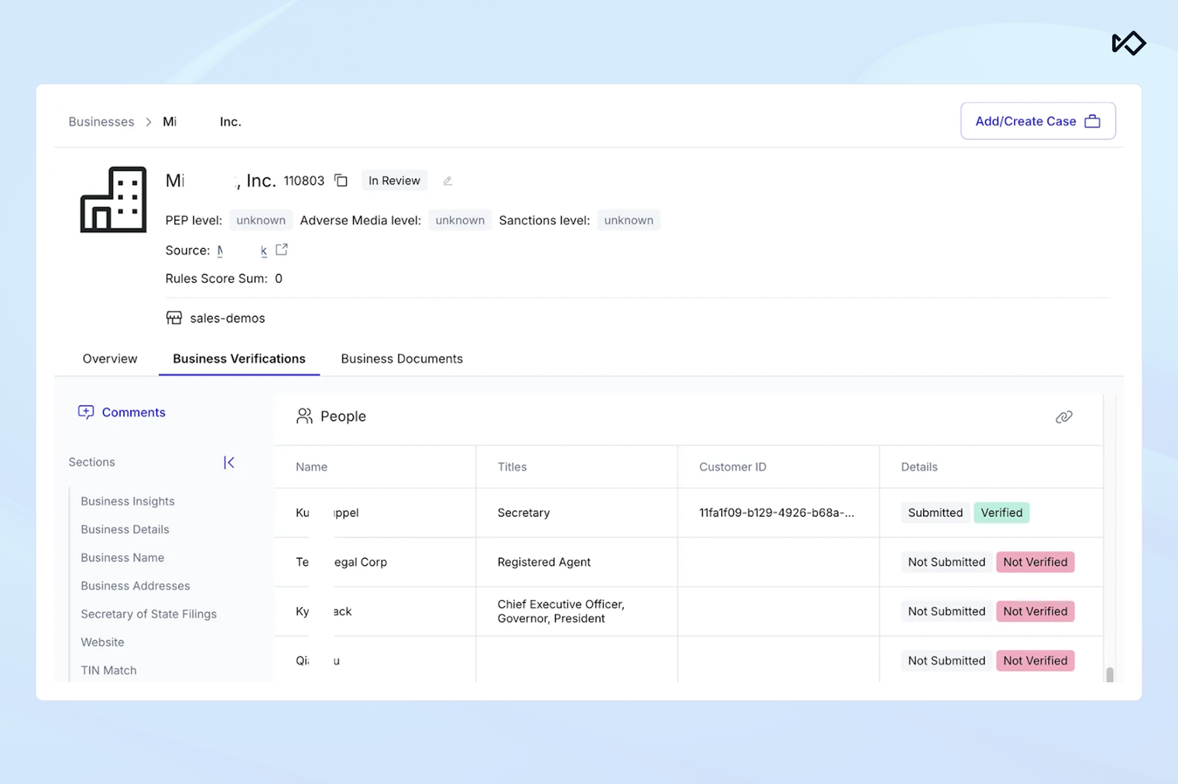 A business verification platform displaying company details for "Mi Inc." and a table of associated individuals with their roles and verification statuses.