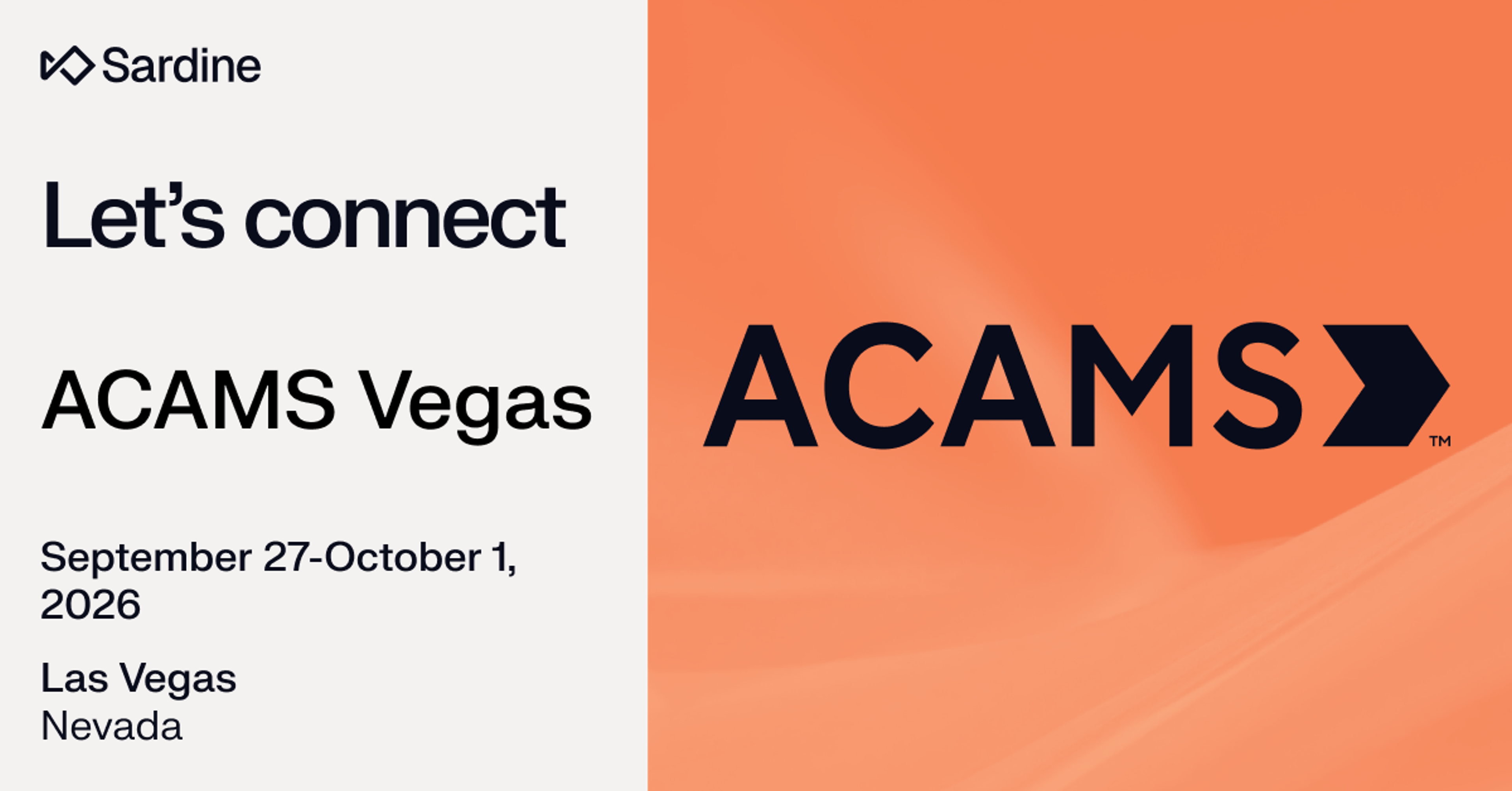 Sardine advertises attending the ACAMS Vegas conference from September 27 to October 1, 2026, in Las Vegas, Nevada.