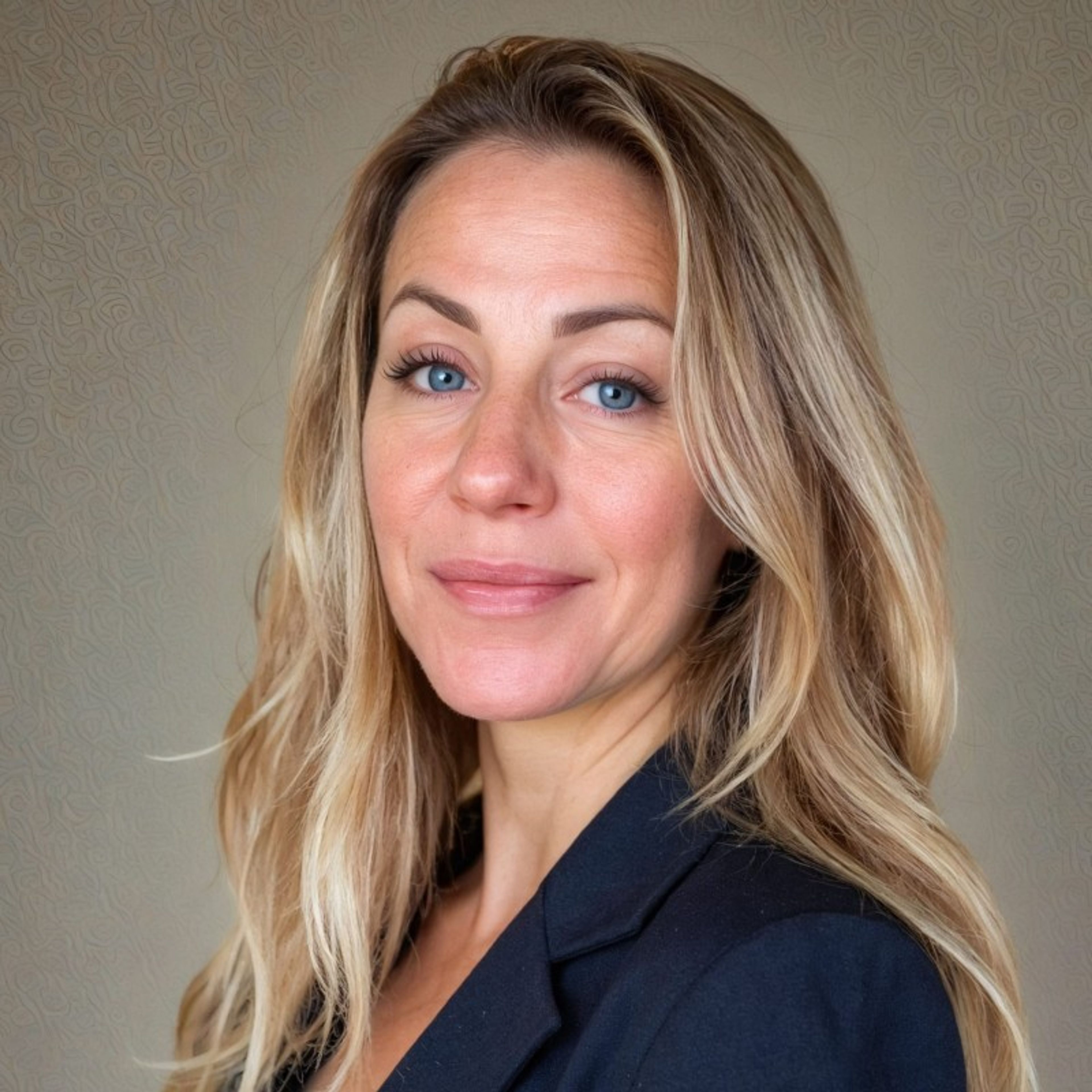 Headshot of a smiling woman with blonde hair and blue eyes, wearing a dark blazer.