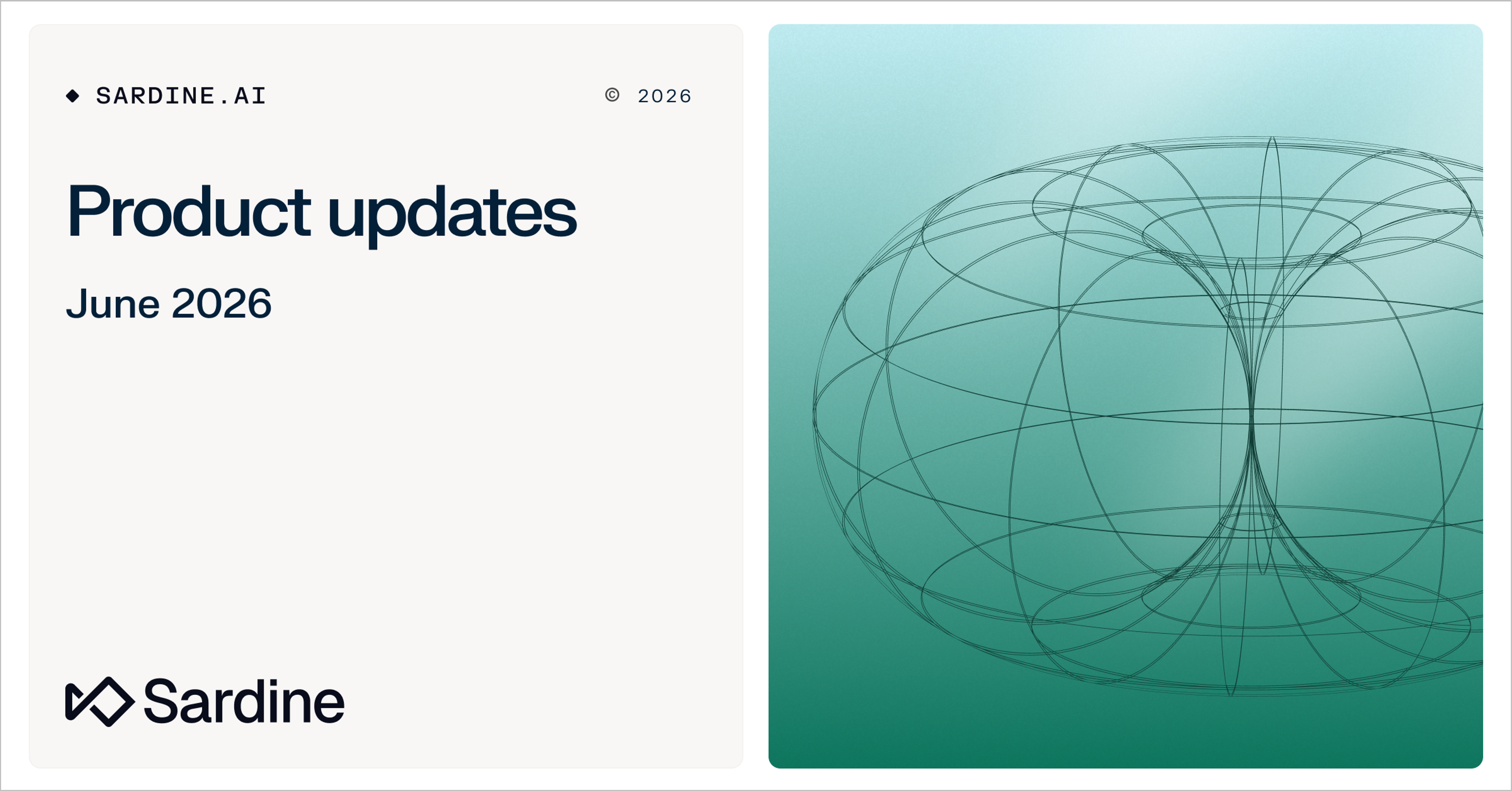 Sardine AI product updates for June 2026, alongside a wireframe 3D geometric shape.