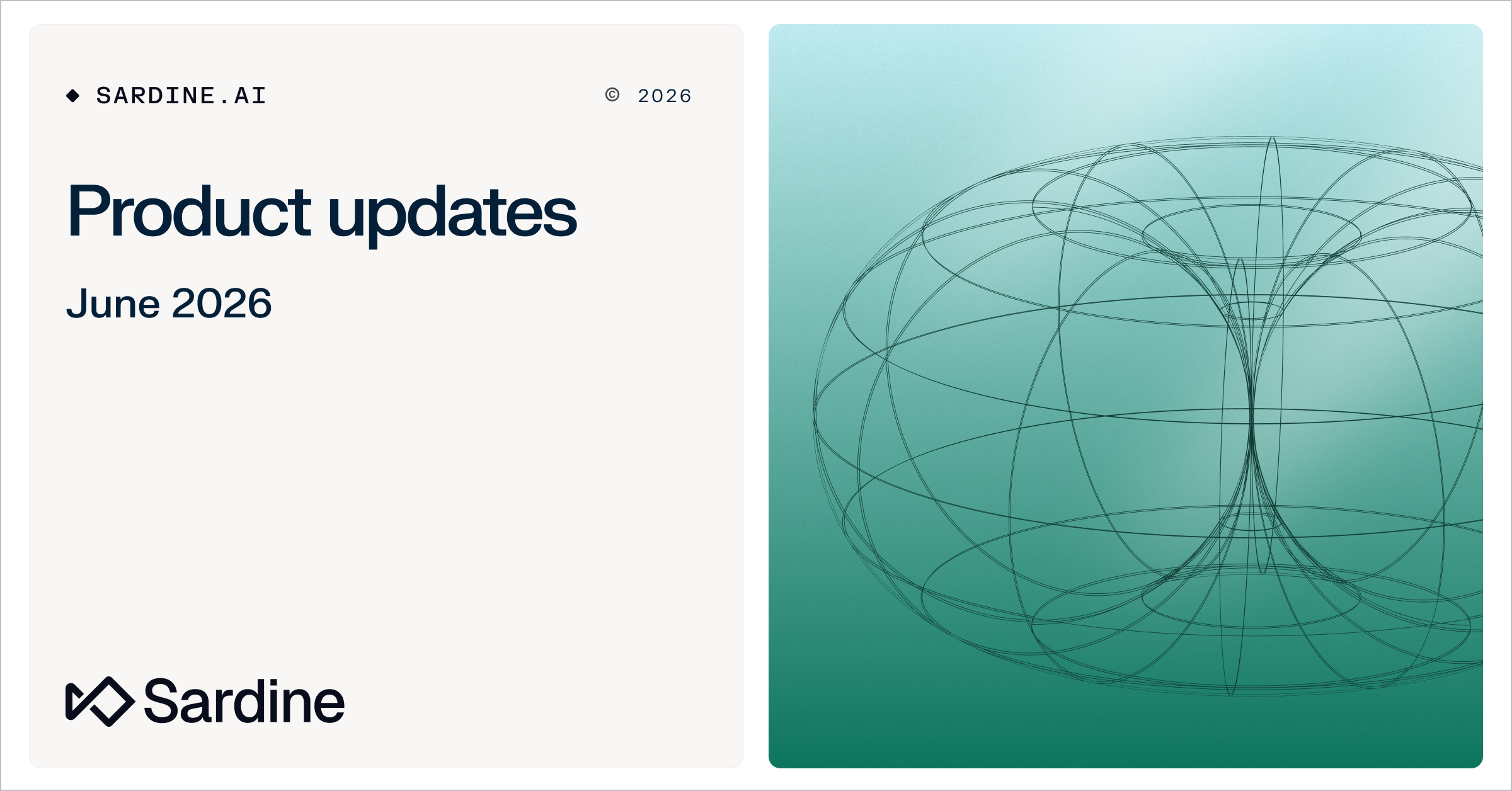 Sardine AI product updates for June 2026, alongside a wireframe 3D geometric shape.