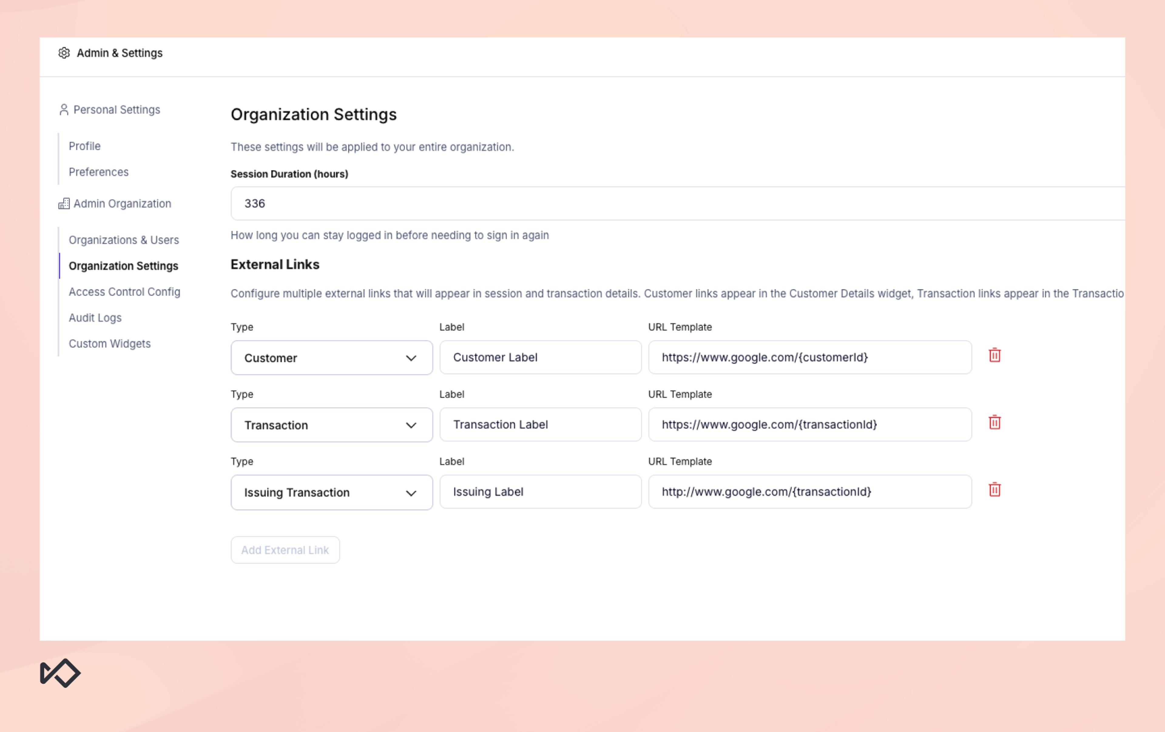 Admin panel displaying Organization Settings, including session duration and configurable external links.