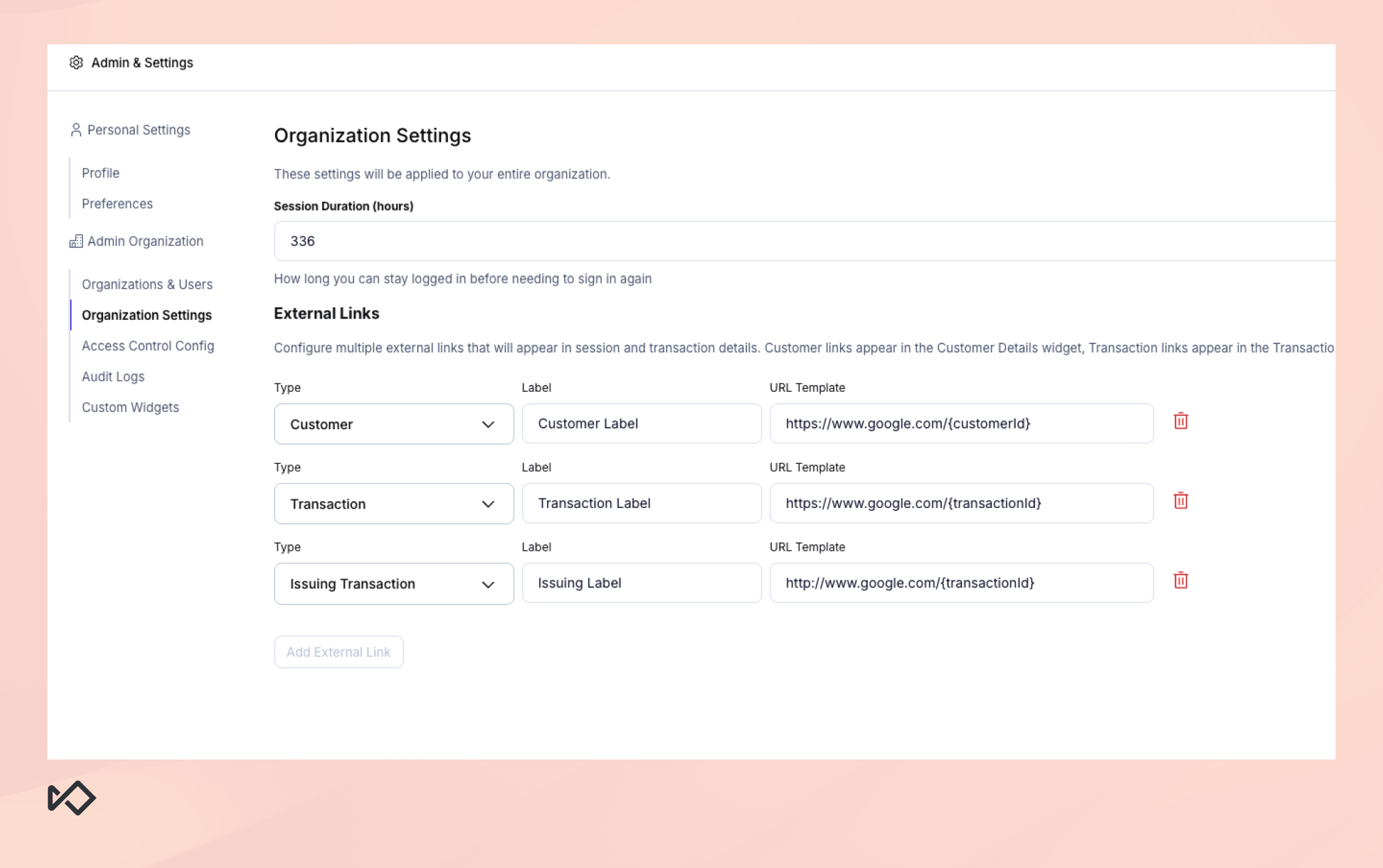 Admin panel displaying Organization Settings, including session duration and configurable external links.