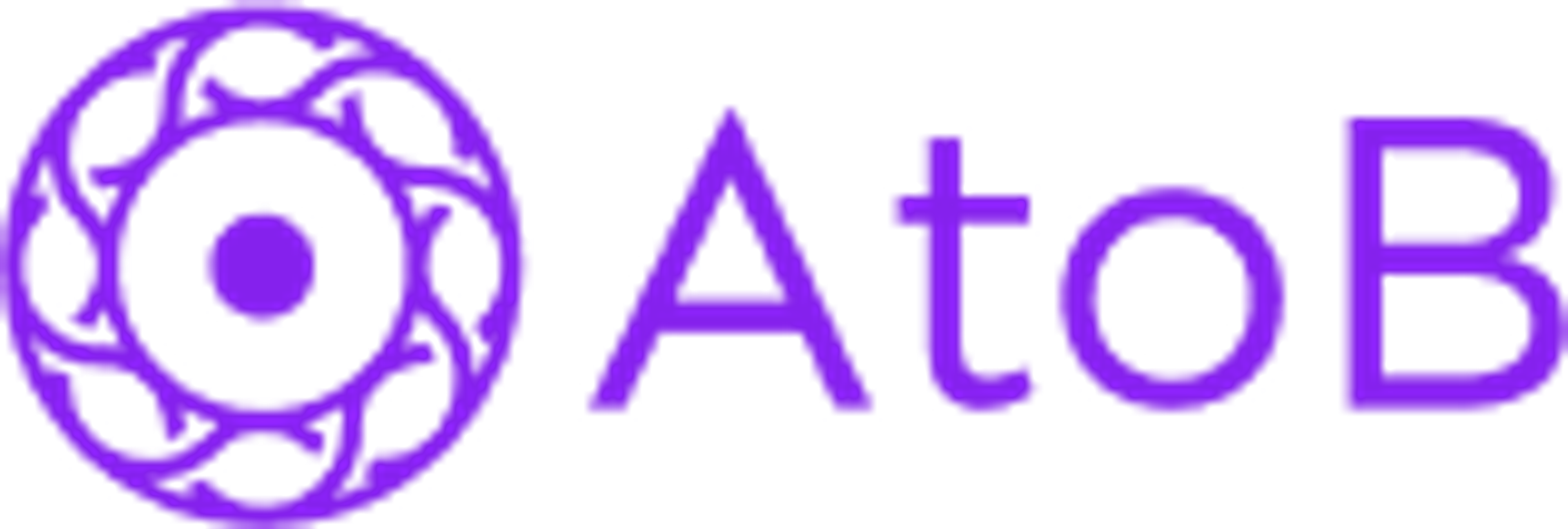 Purple AtoB logo with a circular emblem featuring a central dot and swirling patterns, next to the text 'AtoB'.