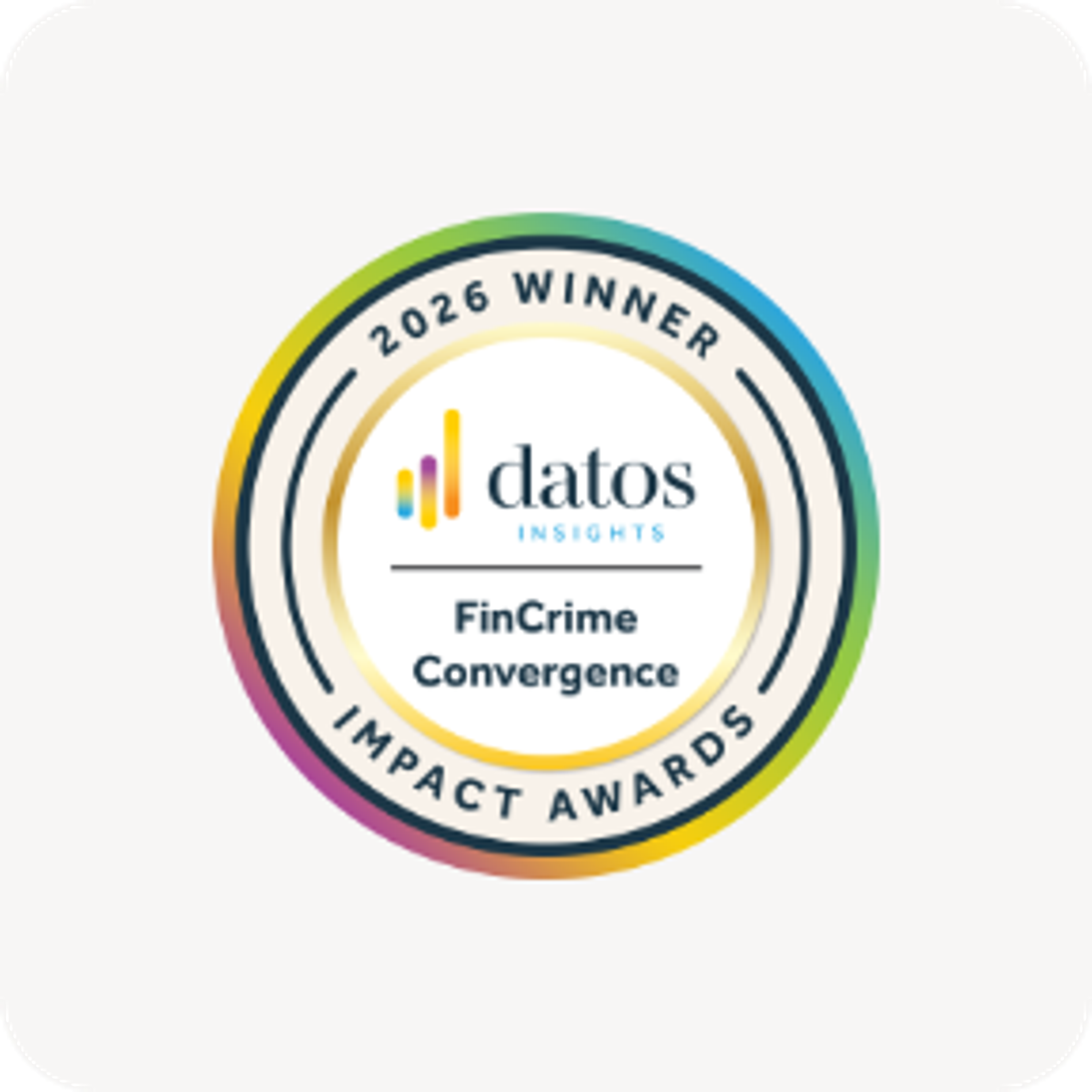 A Datos Insights FinCrime Convergence Impact Awards 2026 Winner badge.