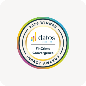 A Datos Insights FinCrime Convergence Impact Awards 2026 Winner badge.