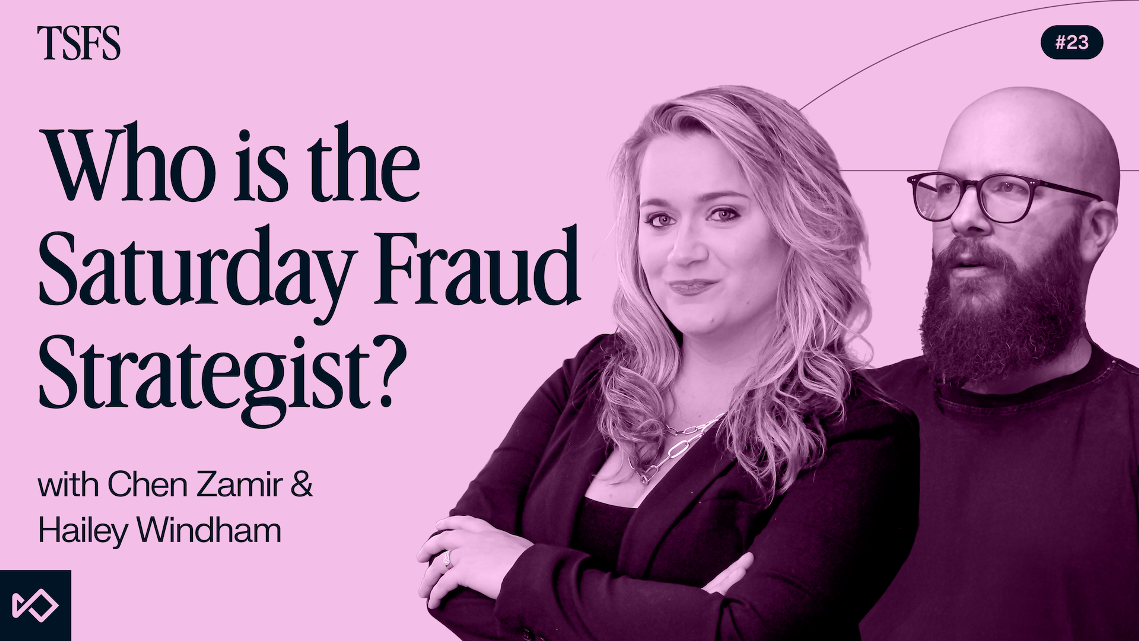 A pink promotional graphic featuring a smiling blonde woman and a bearded man with glasses. Text reads: "Who is the Saturday Fraud Strategist? with Chen Zamir & Hailey Windham."