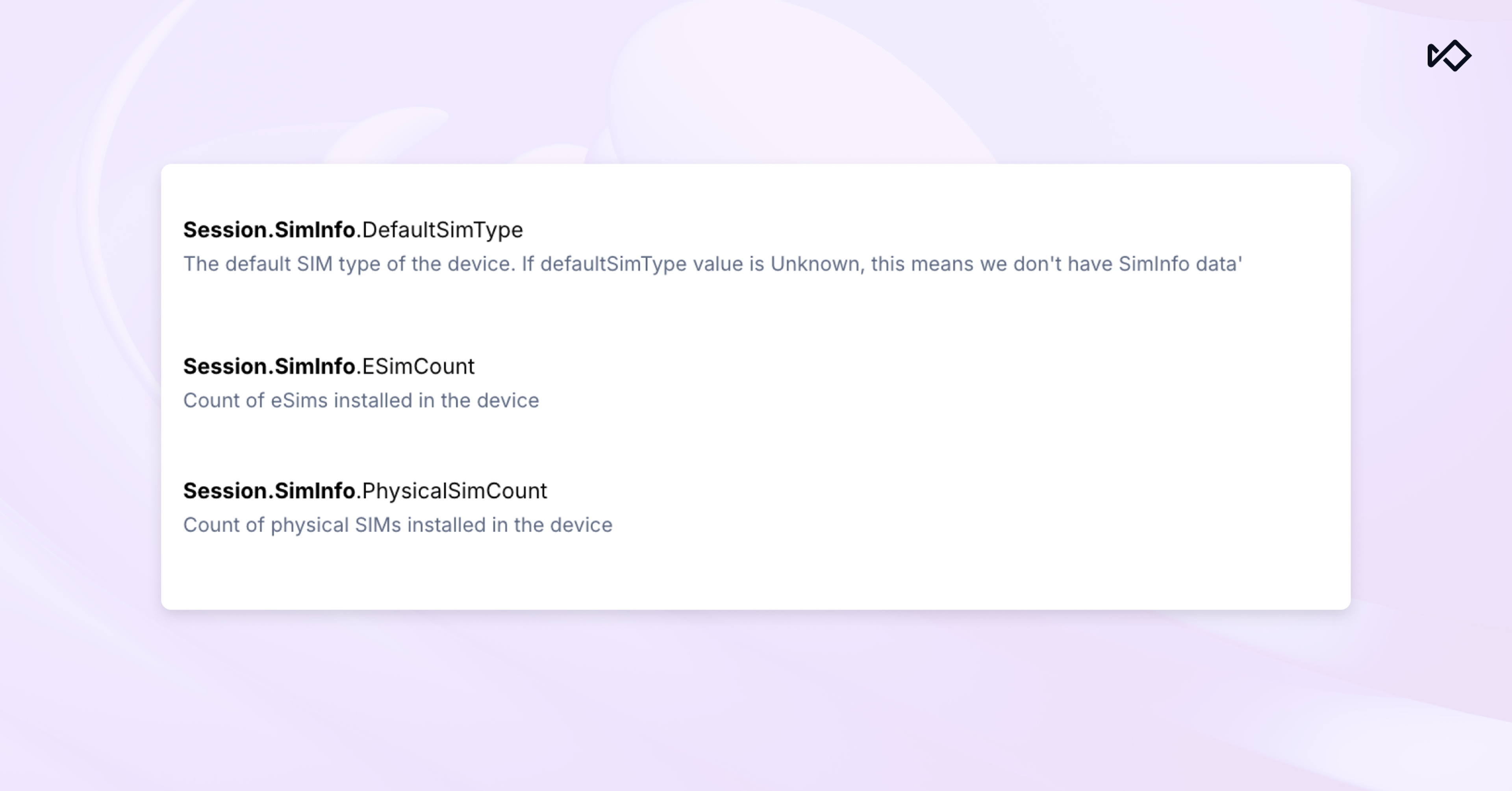 A white card displaying device SIM information properties: DefaultSimType, ESimCount, and PhysicalSimCount.