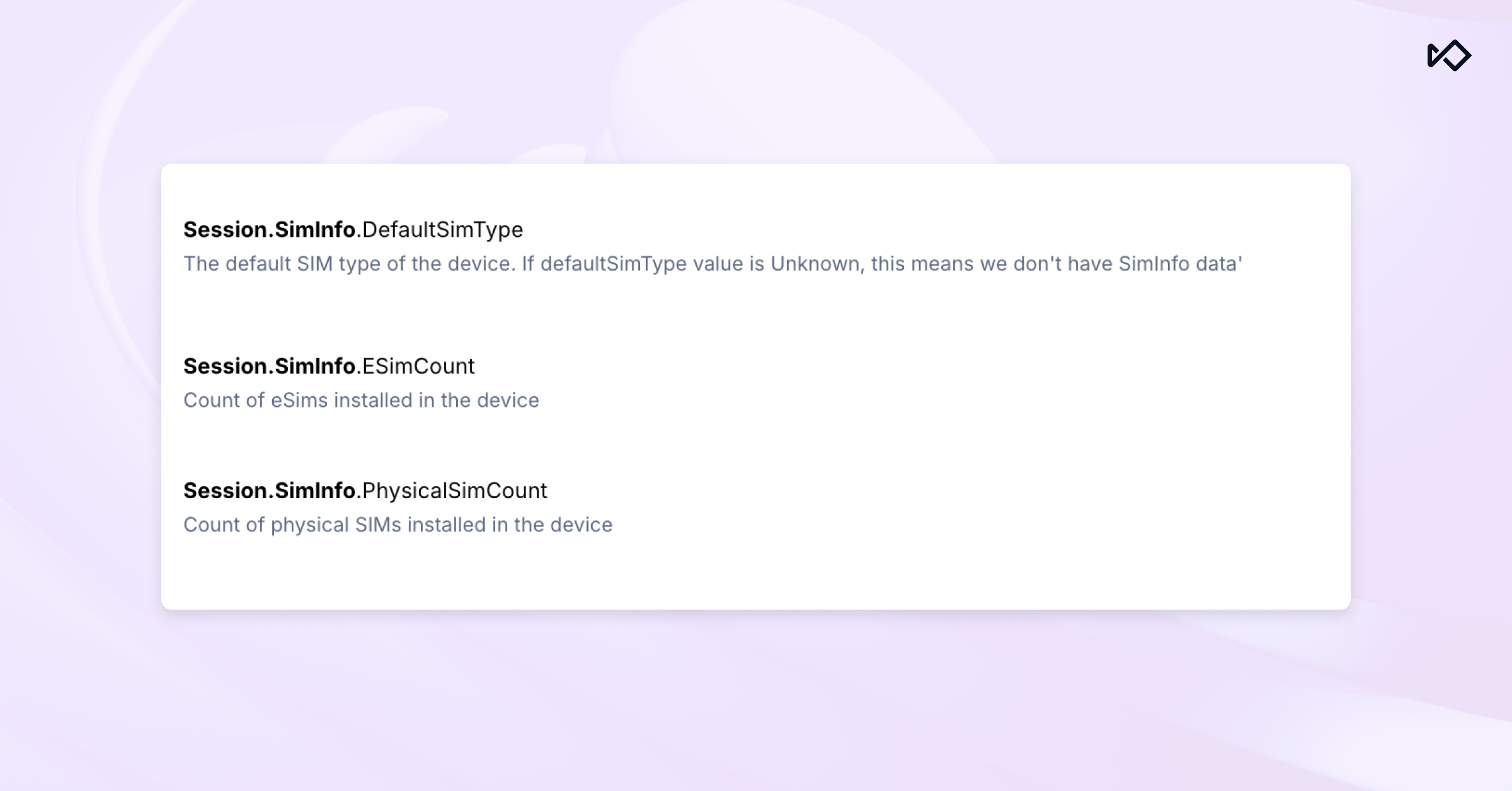 A white card displaying device SIM information properties: DefaultSimType, ESimCount, and PhysicalSimCount.