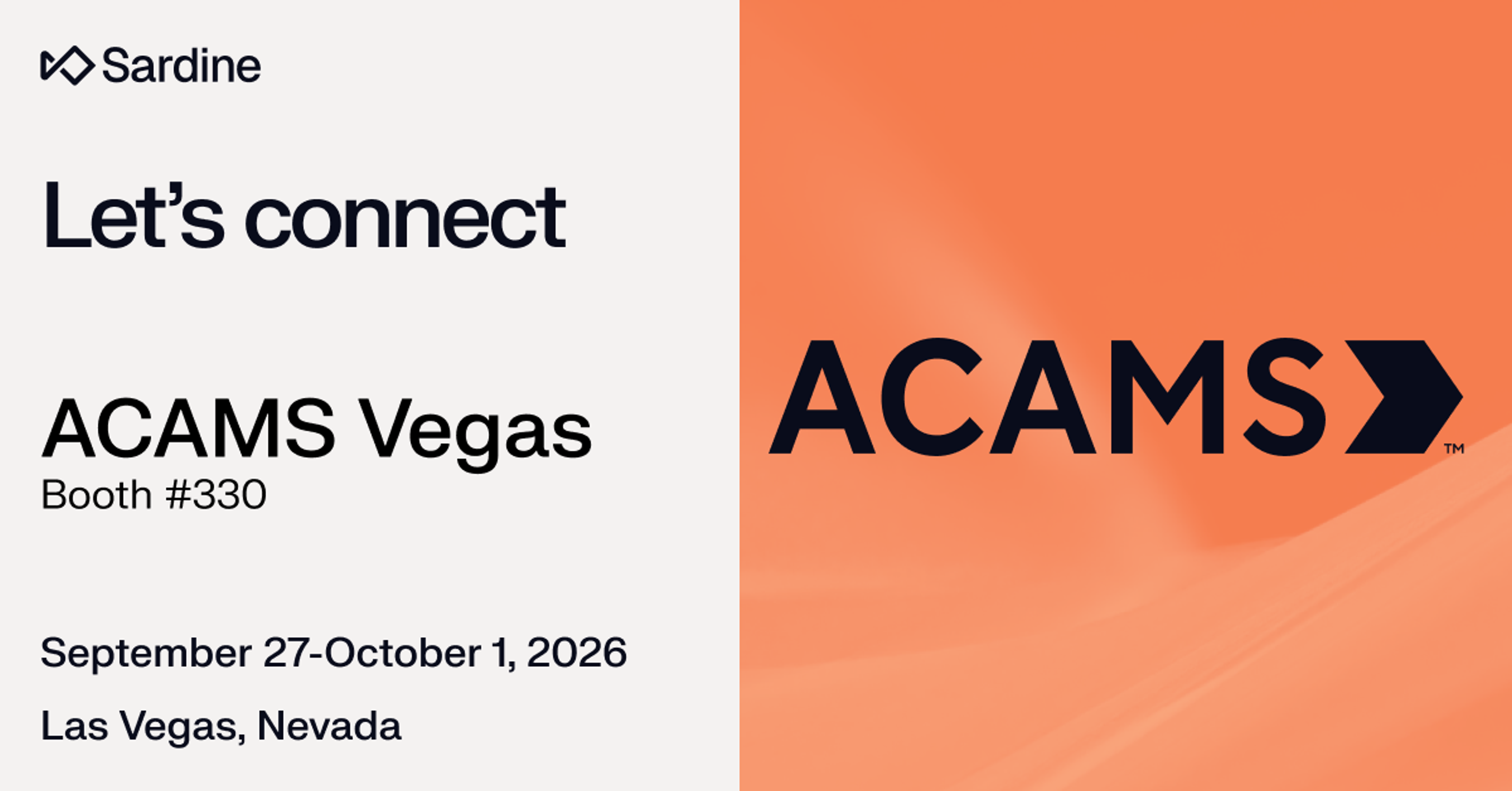 Sardine advertises attending the ACAMS Vegas conference from September 27 to October 1, 2026, in Las Vegas, Nevada.