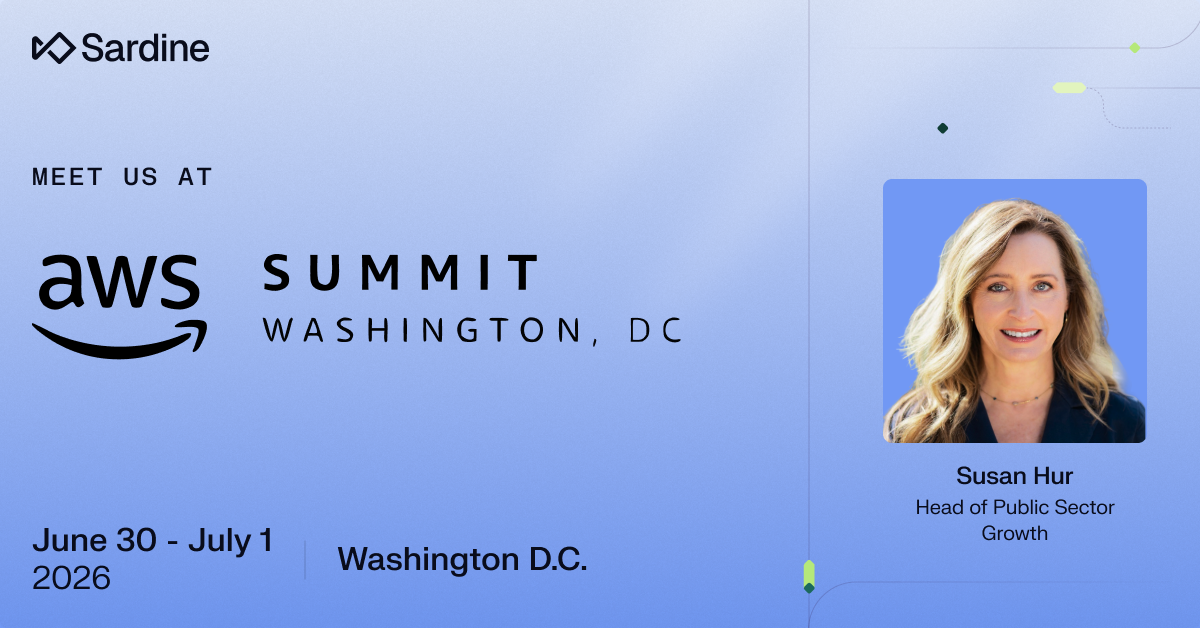 Sardine event announcement for AWS Summit Washington DC, June 30 - July 1, 2026, featuring a photo of Susan Hur, Head of Public Sector Growth.
