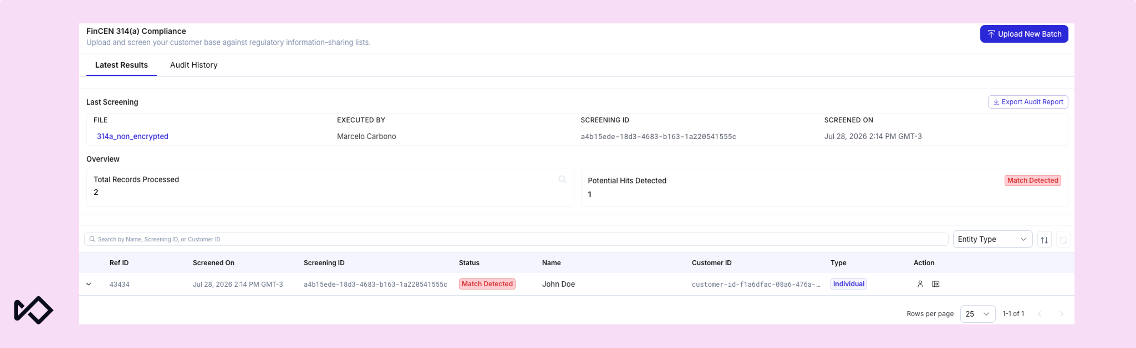 Compliance screening dashboard displaying latest results, showing one "Match Detected" for John Doe.
