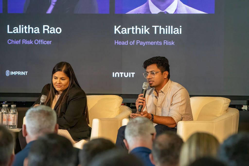 Lalitha Rao, Chief Risk Officer, and Karthik Thillai, Head of Payments Risk, speak during a panel discussion.