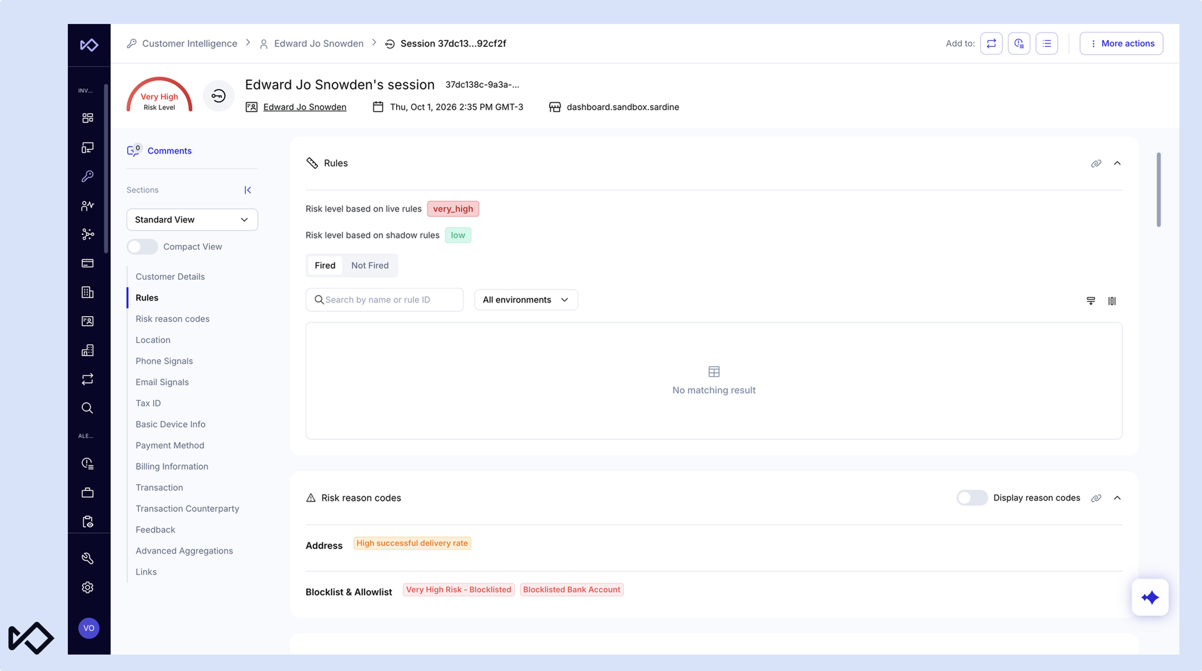 A customer intelligence dashboard displays Edward Jo Snowden's session details, showing a "Very High Risk Level" and specific rules and risk reason codes.