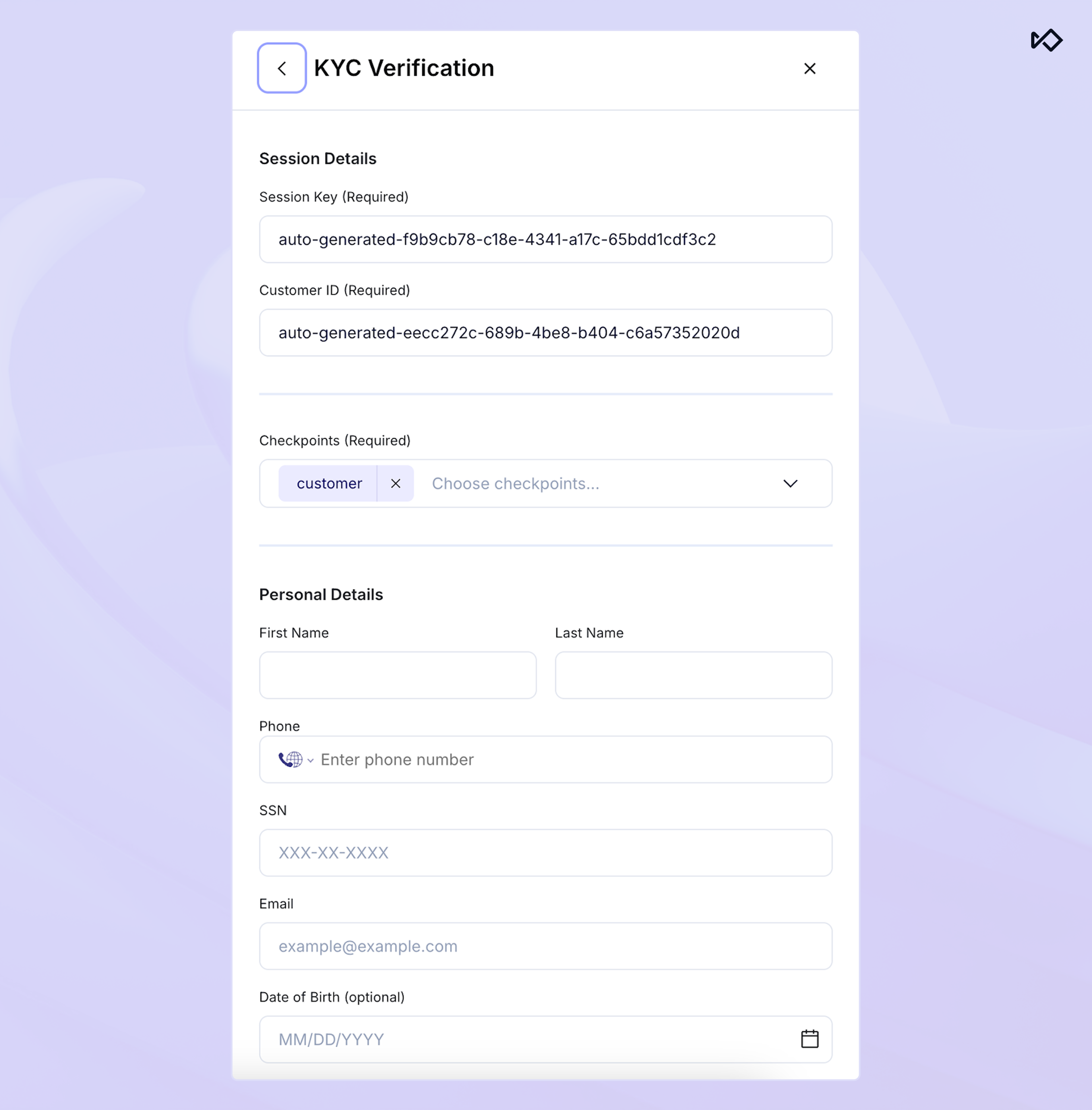 A digital form titled "KYC Verification" displaying fields for session details, checkpoints, and personal information like name, phone, SSN, email, and date of birth.