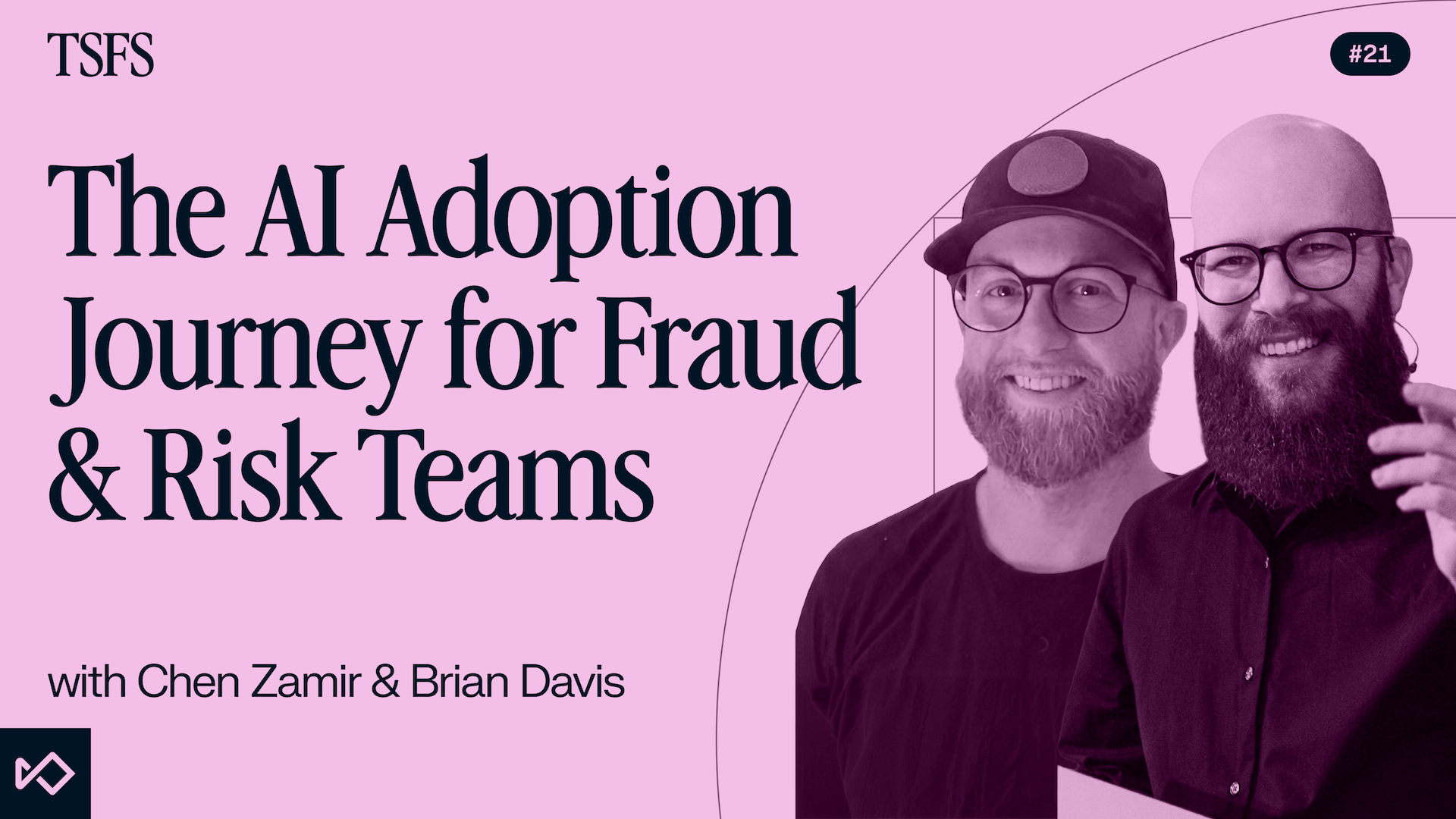 Graphic for "The AI Adoption Journey for Fraud & Risk Teams" featuring Chen Zamir and Brian Davis.