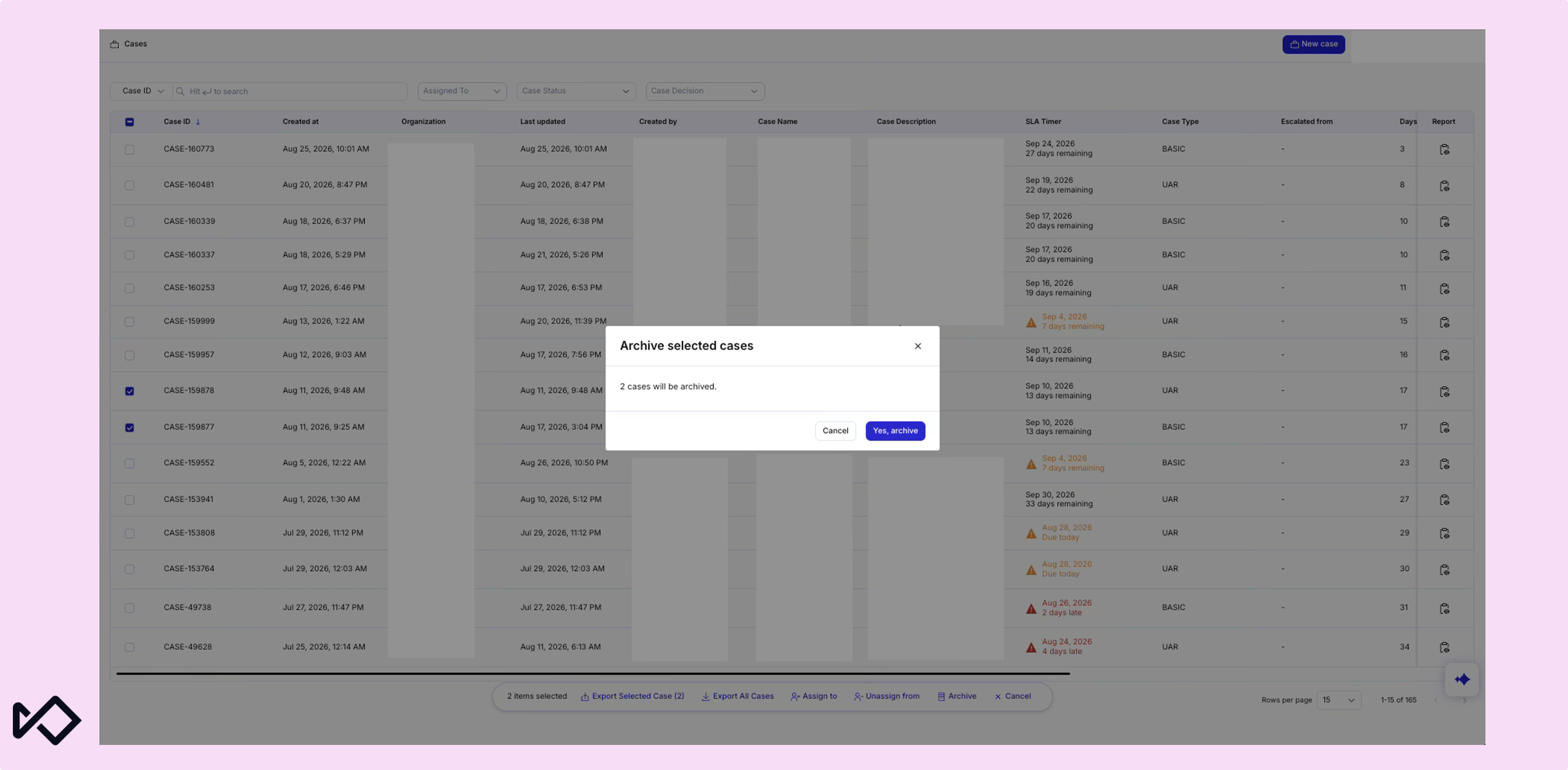 A dialog box confirms archiving 2 selected cases on a case management screen.