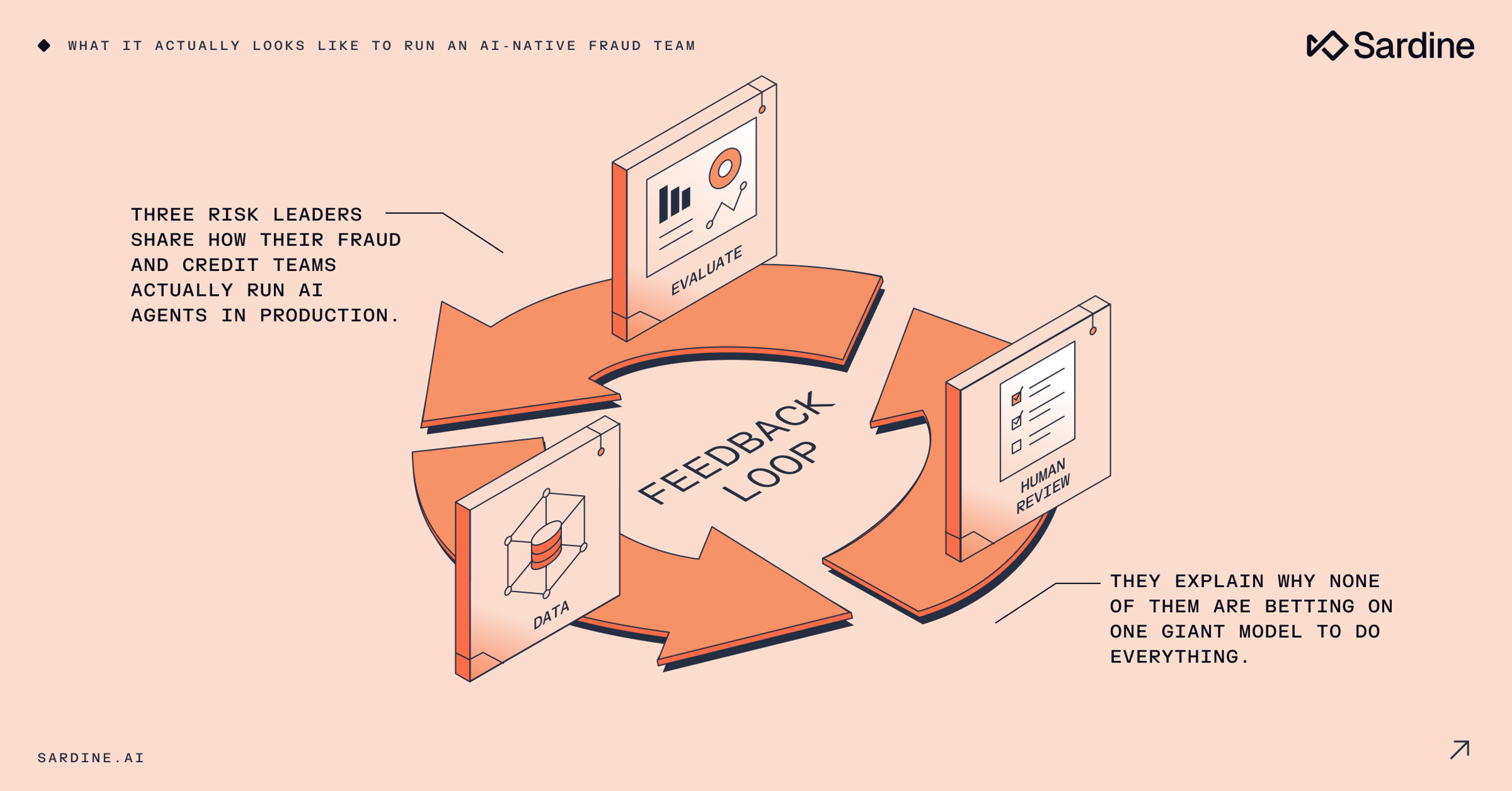 Diagram of an AI-native fraud team's feedback loop, featuring steps for Data, Evaluate, and Human Review.