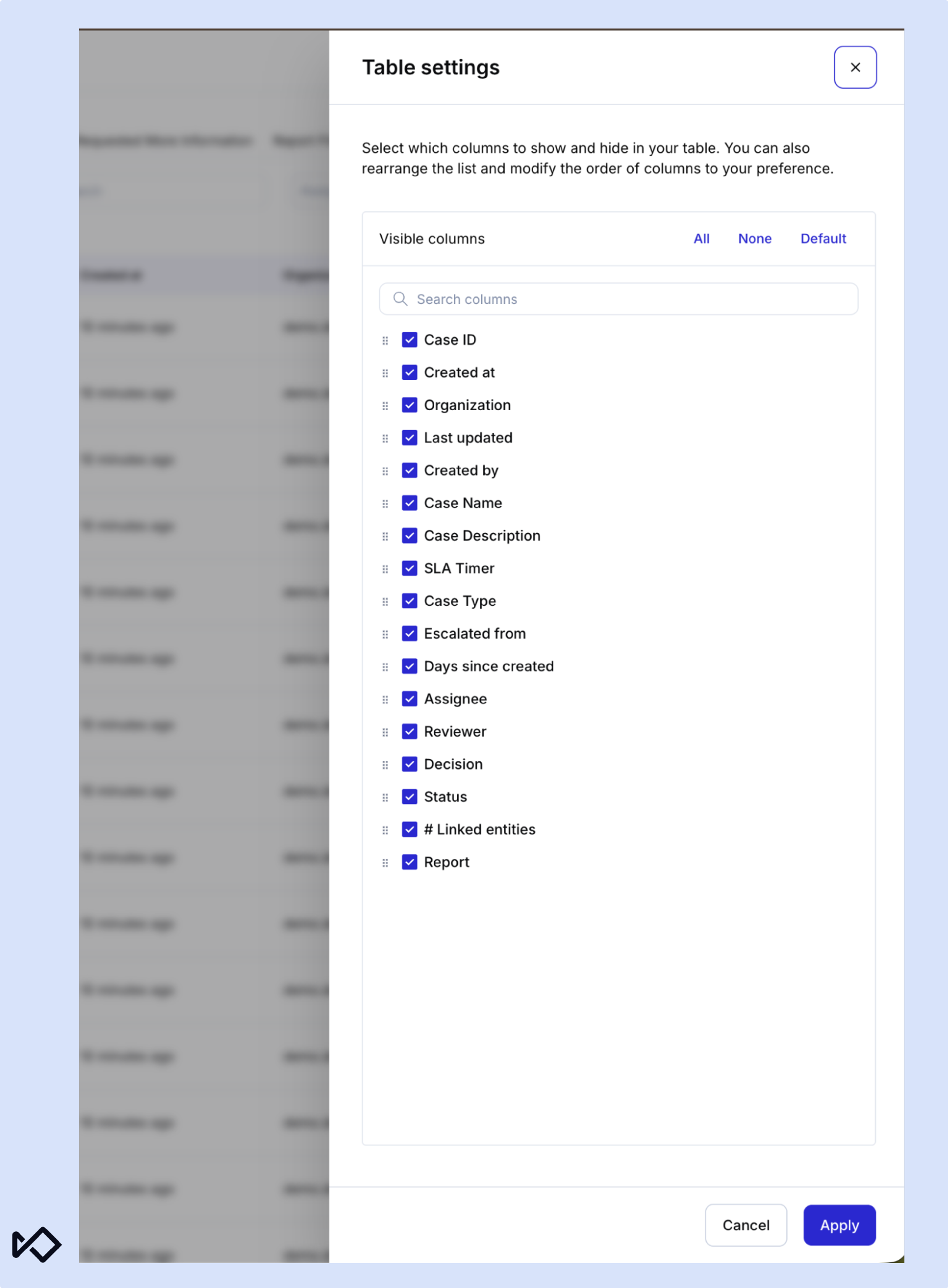A "Table settings" dialog box with a list of checked checkboxes for various table columns.