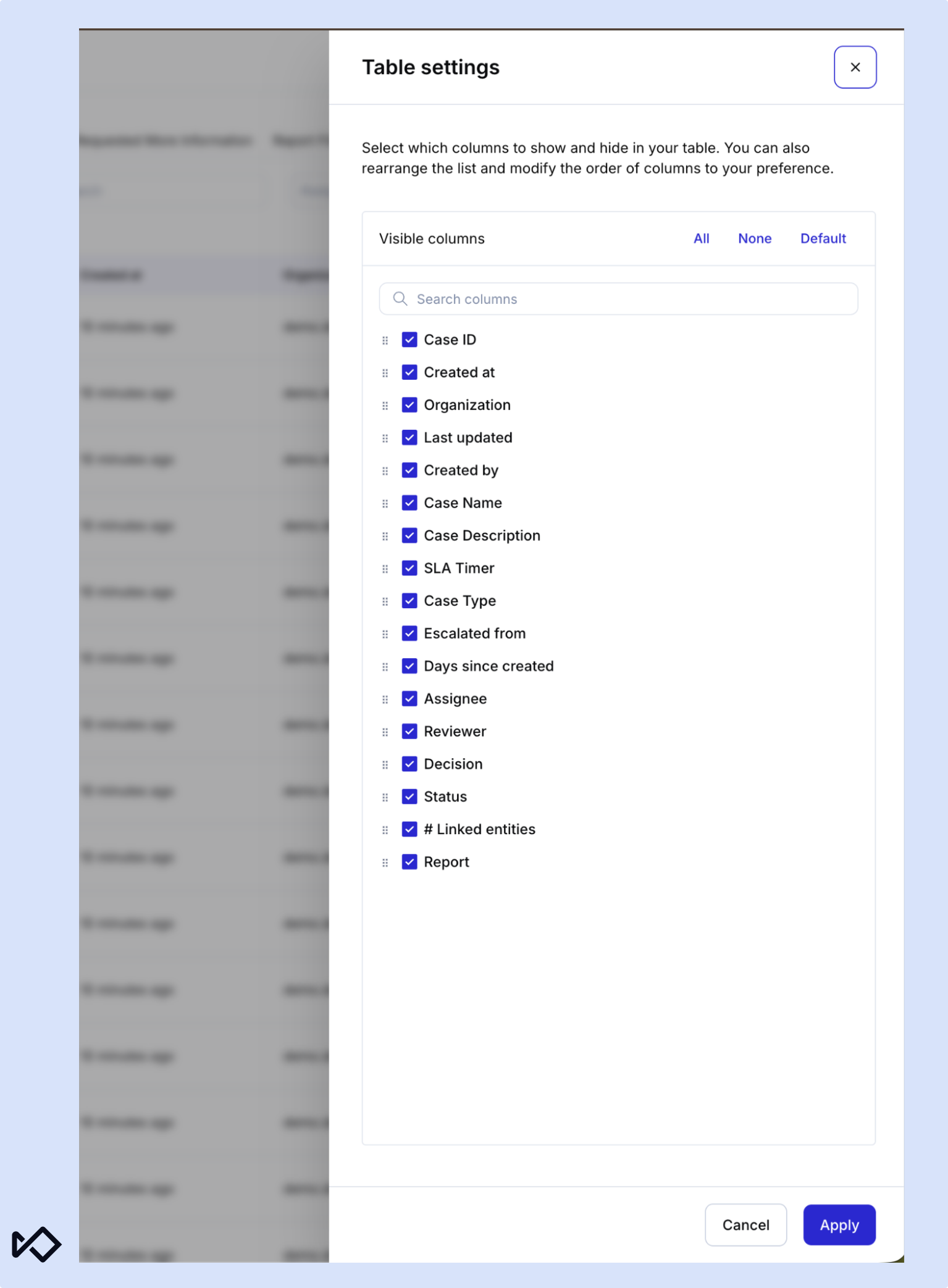 A "Table settings" dialog box with a list of checked checkboxes for various table columns.