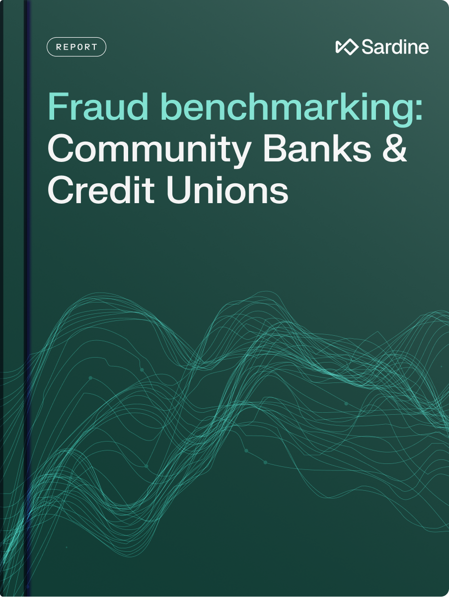 Sardine report cover titled 'Fraud benchmarking: Community Banks & Credit Unions'.