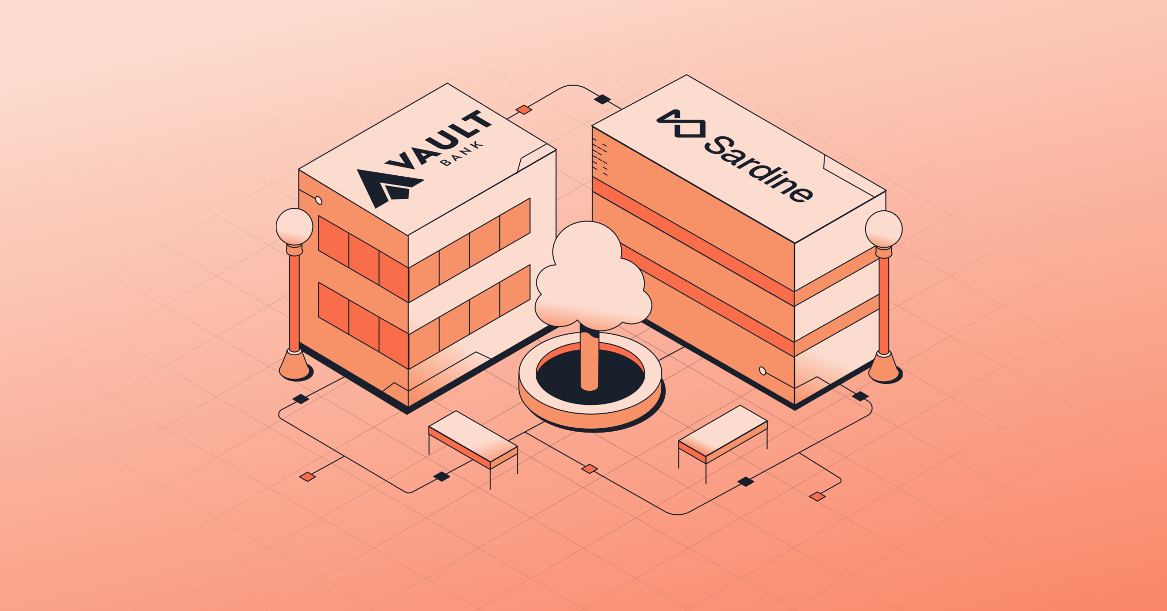 Isometric illustration of Vault Bank and Sardine buildings connected by a network of lines.