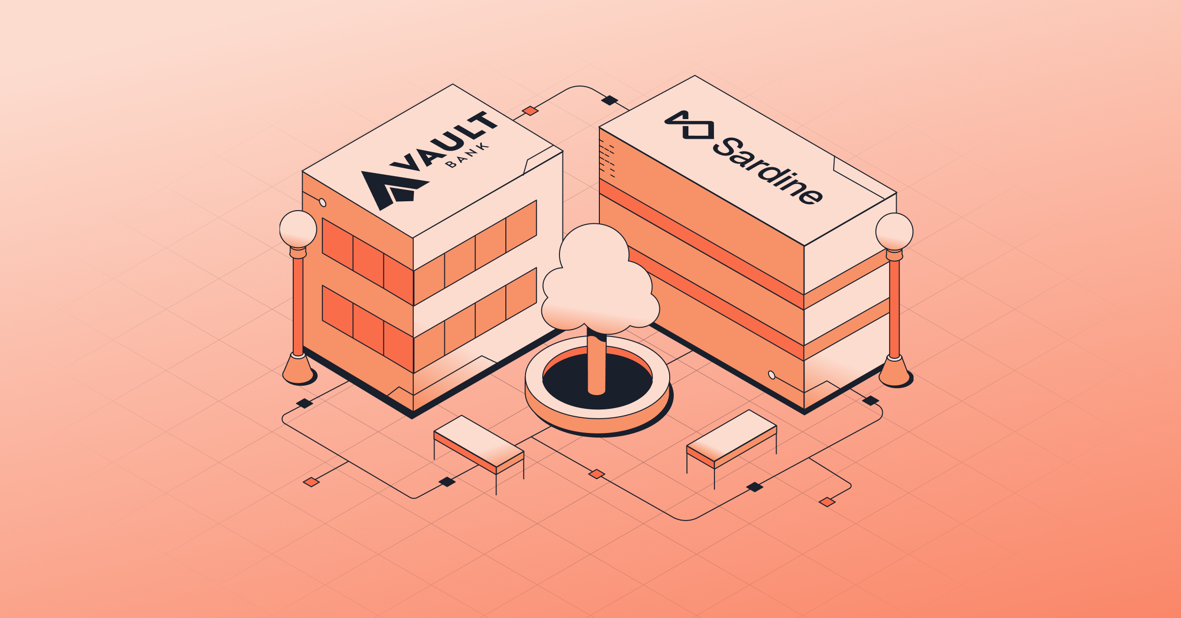 Isometric illustration of Vault Bank and Sardine buildings connected by a network of lines.