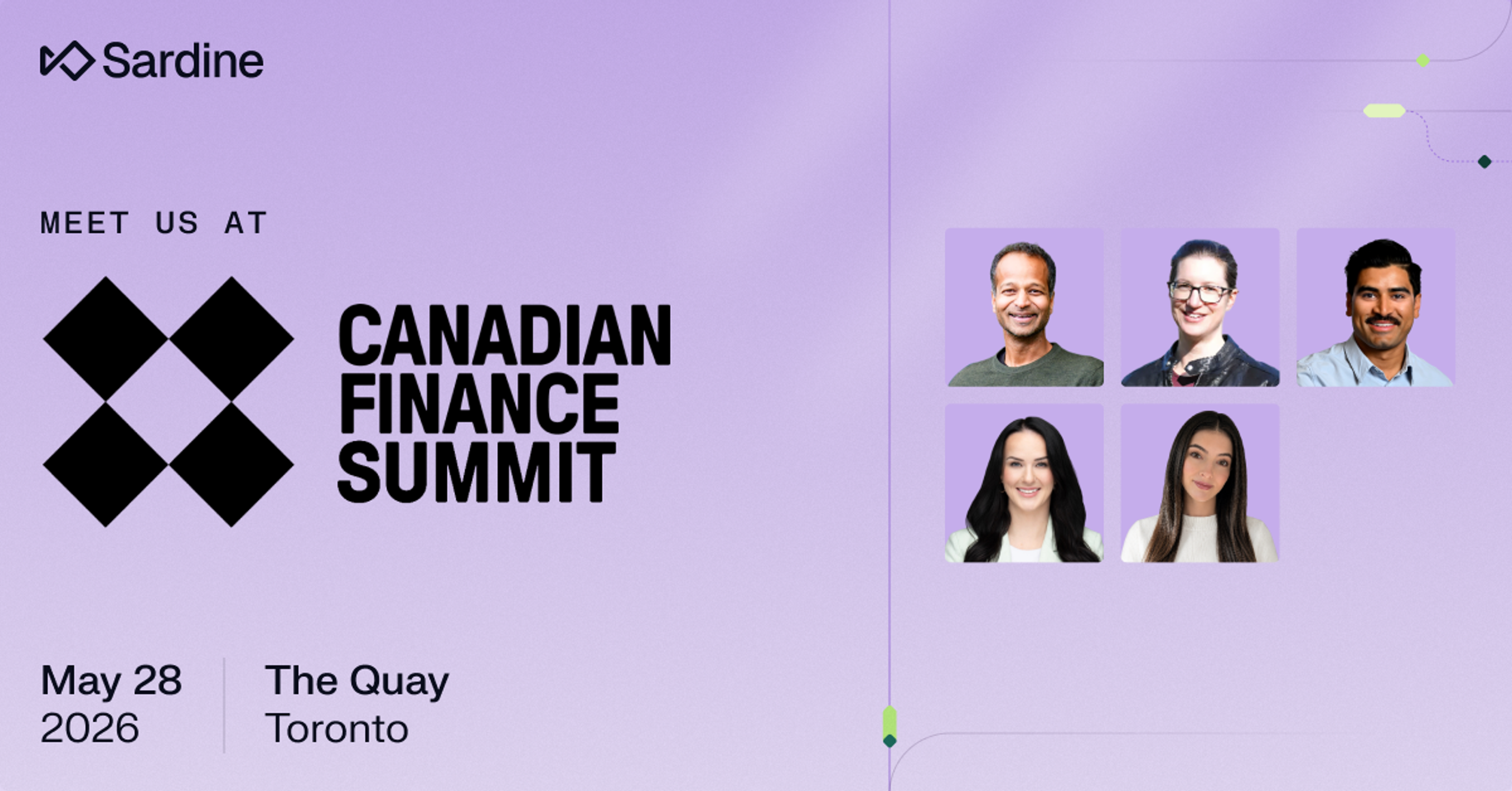 Sardine announces attendance at the Canadian Finance Summit on May 28, 2026, in Toronto, with five team member headshots displayed.