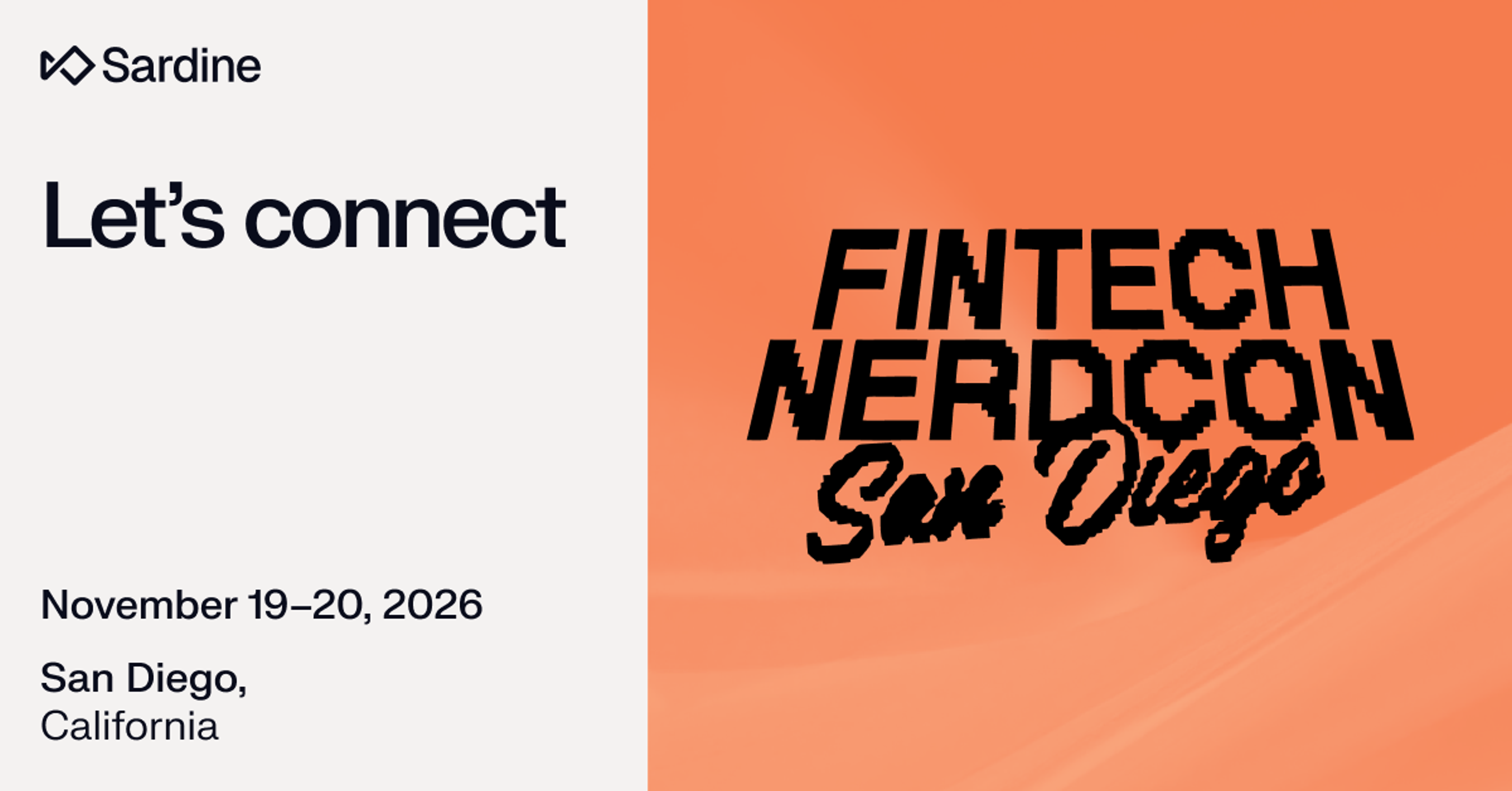 Sardine event announcement for FINTECH NERDCON San Diego, November 19-20, 2026.