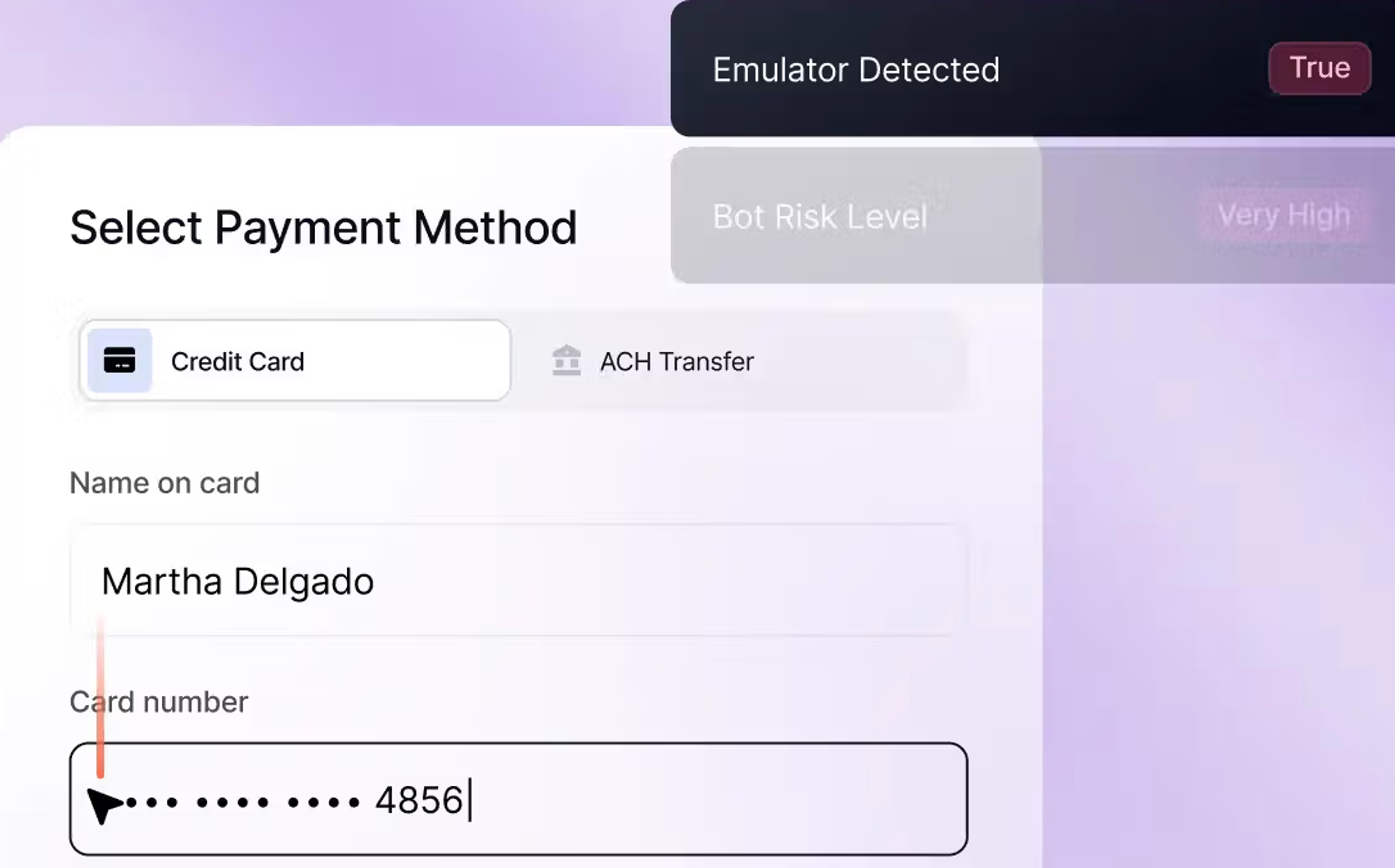 Sardine flags an emulator and very high bot risk on a credit card checkout, tracing a straight-line cursor path into the card number field and tying the session to a device ID and session key.