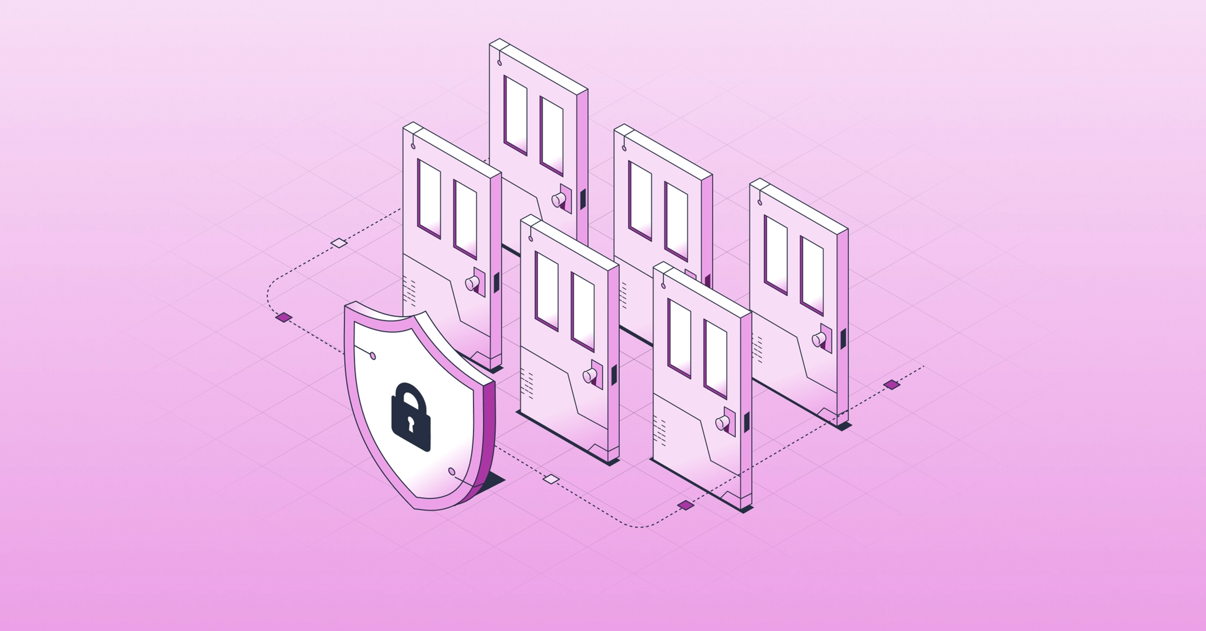 Isometric illustration of a shield with a padlock protecting six doors.