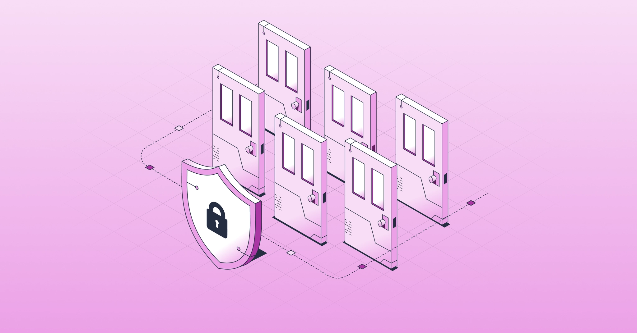 Isometric illustration of a shield with a padlock protecting six doors.