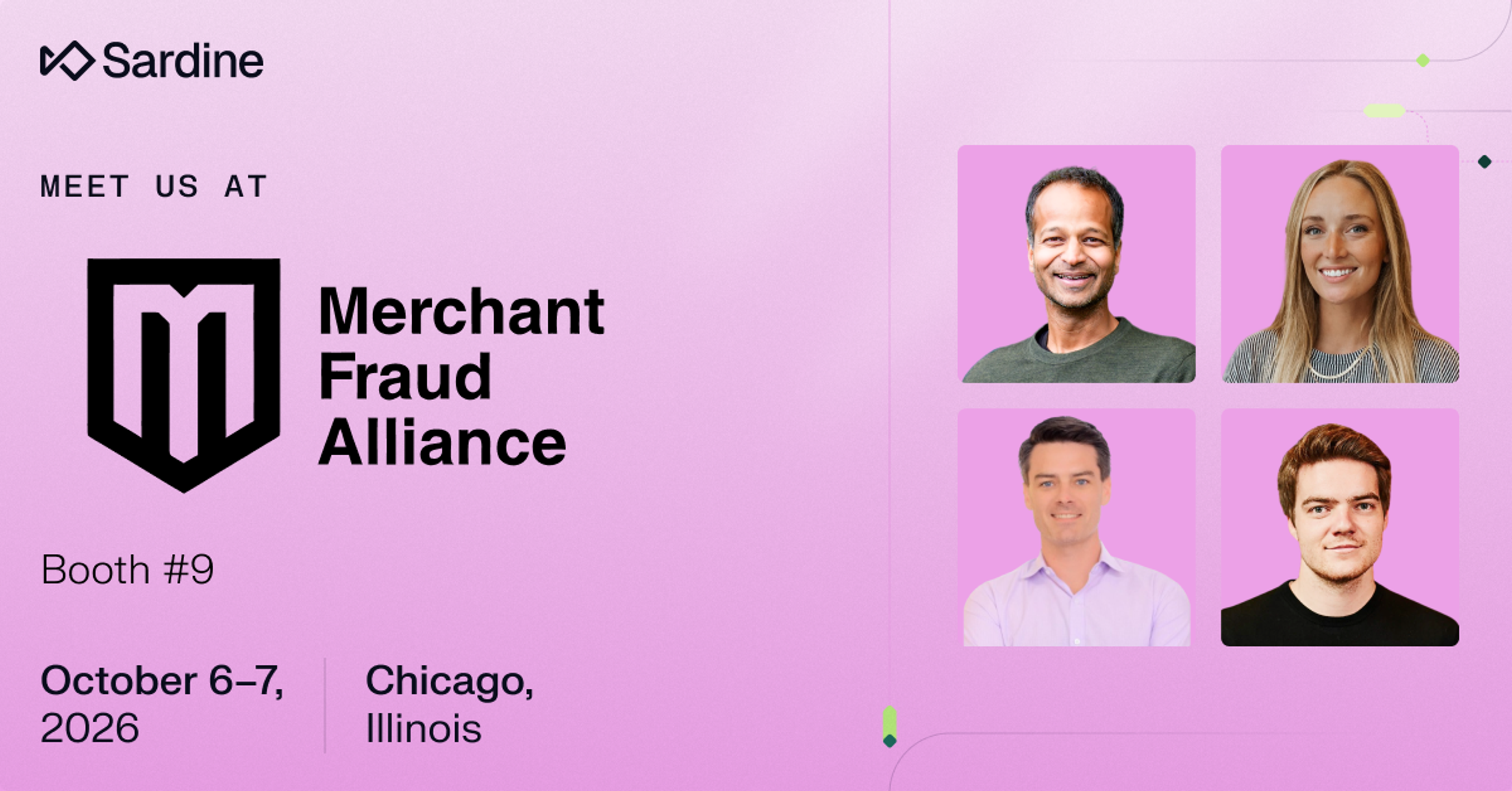 Sardine event announcement for Merchant Fraud Alliance, Booth #9, October 6-7, 2026, in Chicago, with photos of four team members.