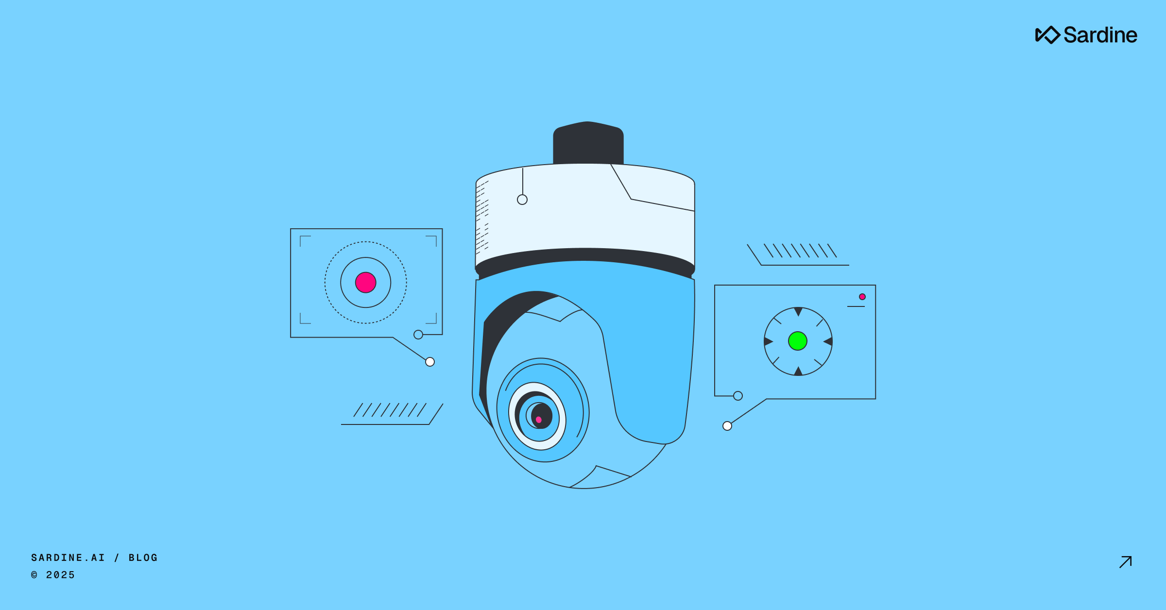 A minimalist illustration of a security camera on a blue background, flanked by digital displays with red and green indicators.