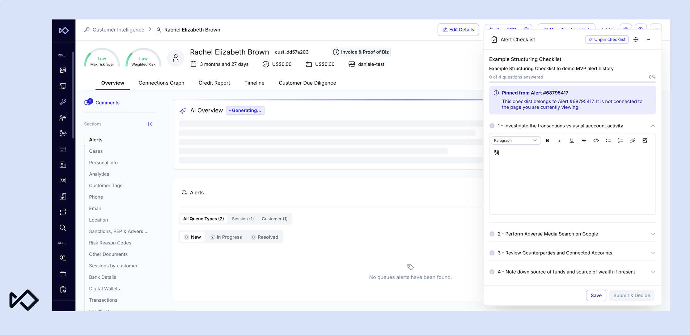 Customer intelligence dashboard displaying a user profile and an open "Alert Checklist" sidebar.