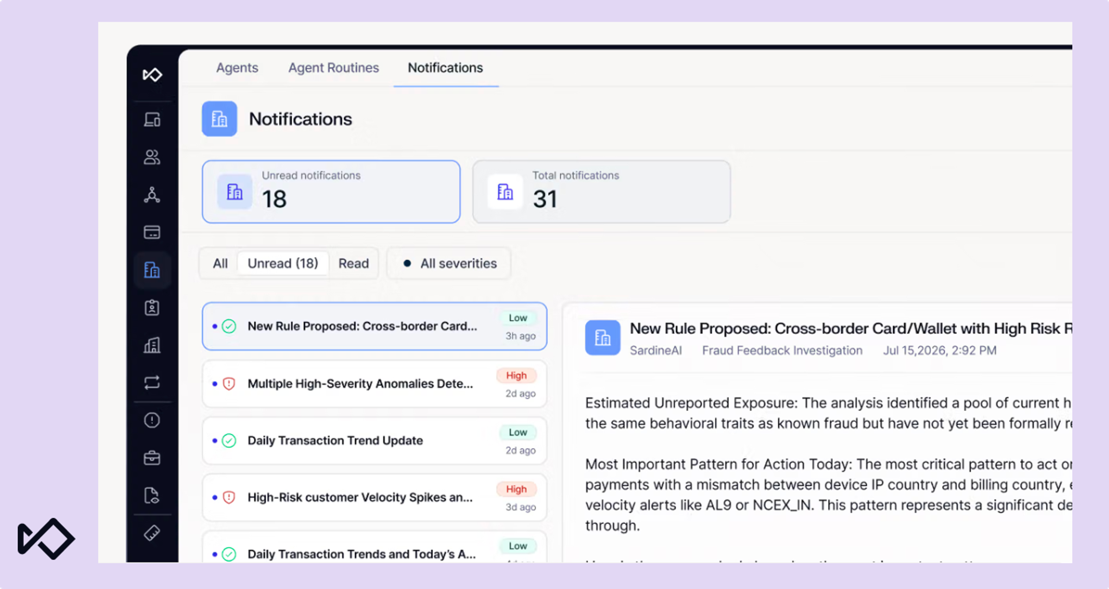 A software application's 'Notifications' dashboard displaying unread and total alerts, a list of items like high-severity anomalies and new rule proposals, and a detailed view of a selected notification.