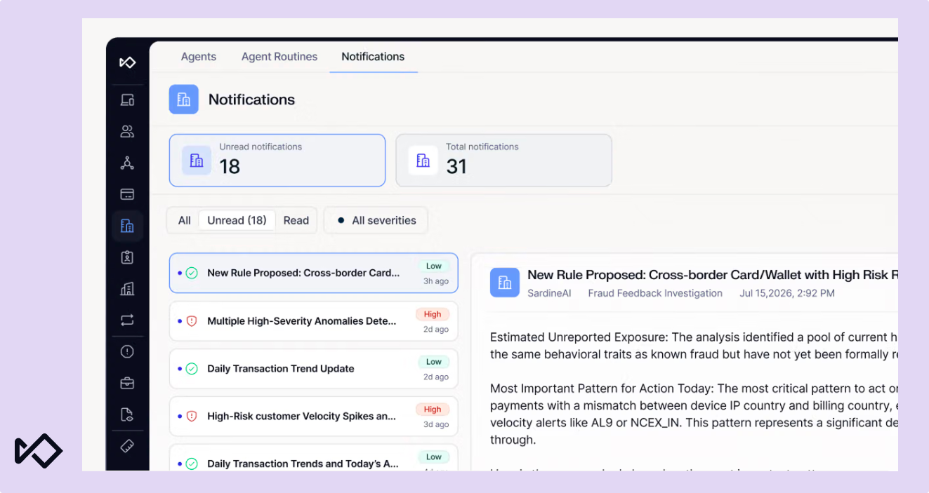 A software application's 'Notifications' dashboard displaying unread and total alerts, a list of items like high-severity anomalies and new rule proposals, and a detailed view of a selected notification.